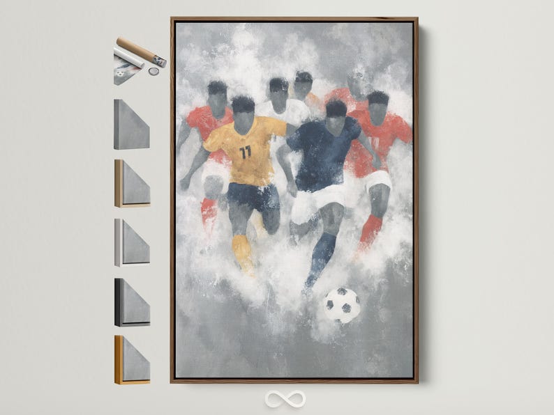Abstract football scene with stylised players in red and navy and a small black-and-white football