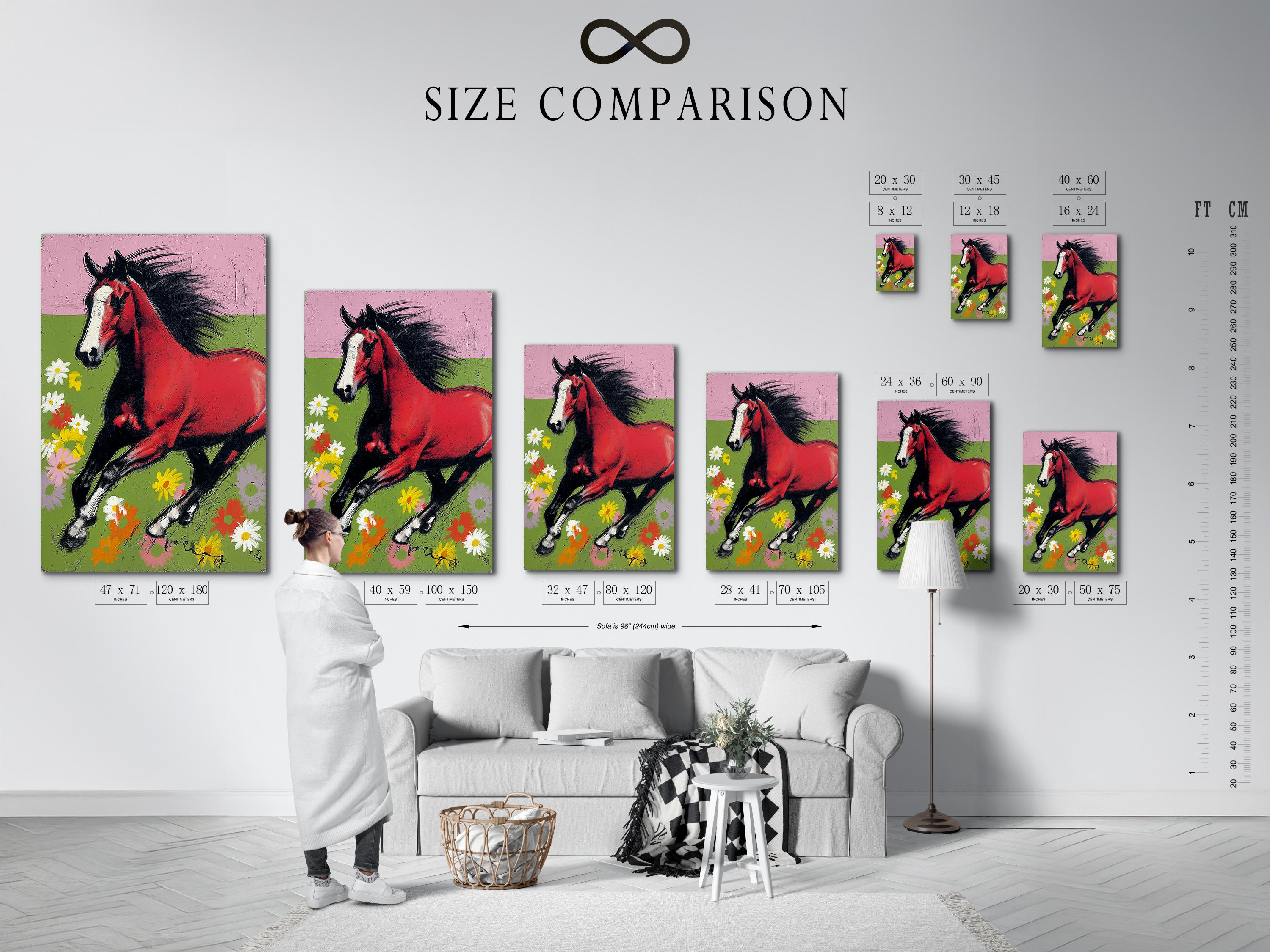 Running horse in red and black with a green meadow and colourful flowers detail view