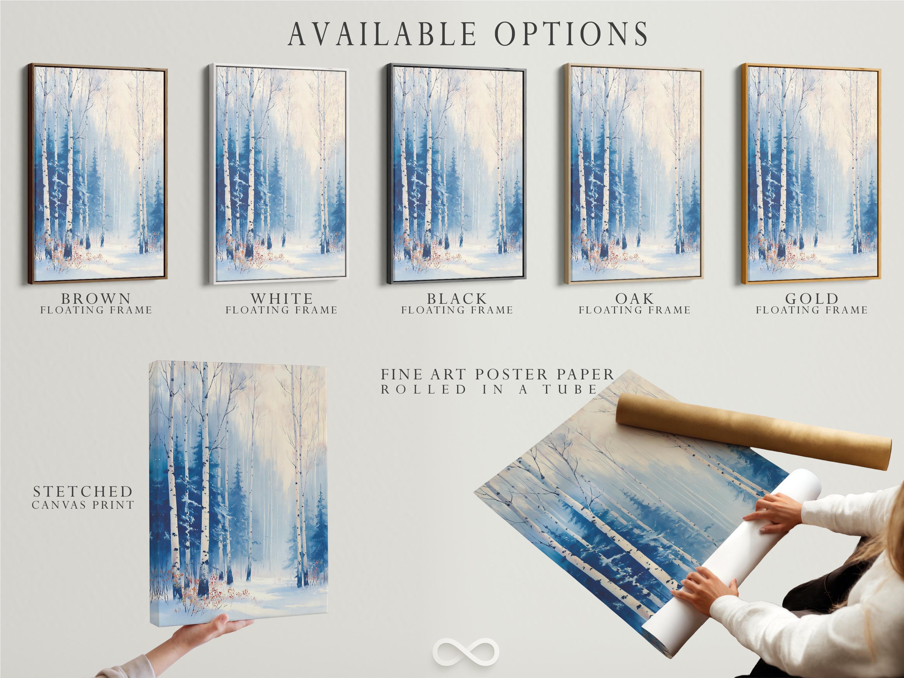 Snowy birch forest painting with pale blue trees and misty winter sky detail view