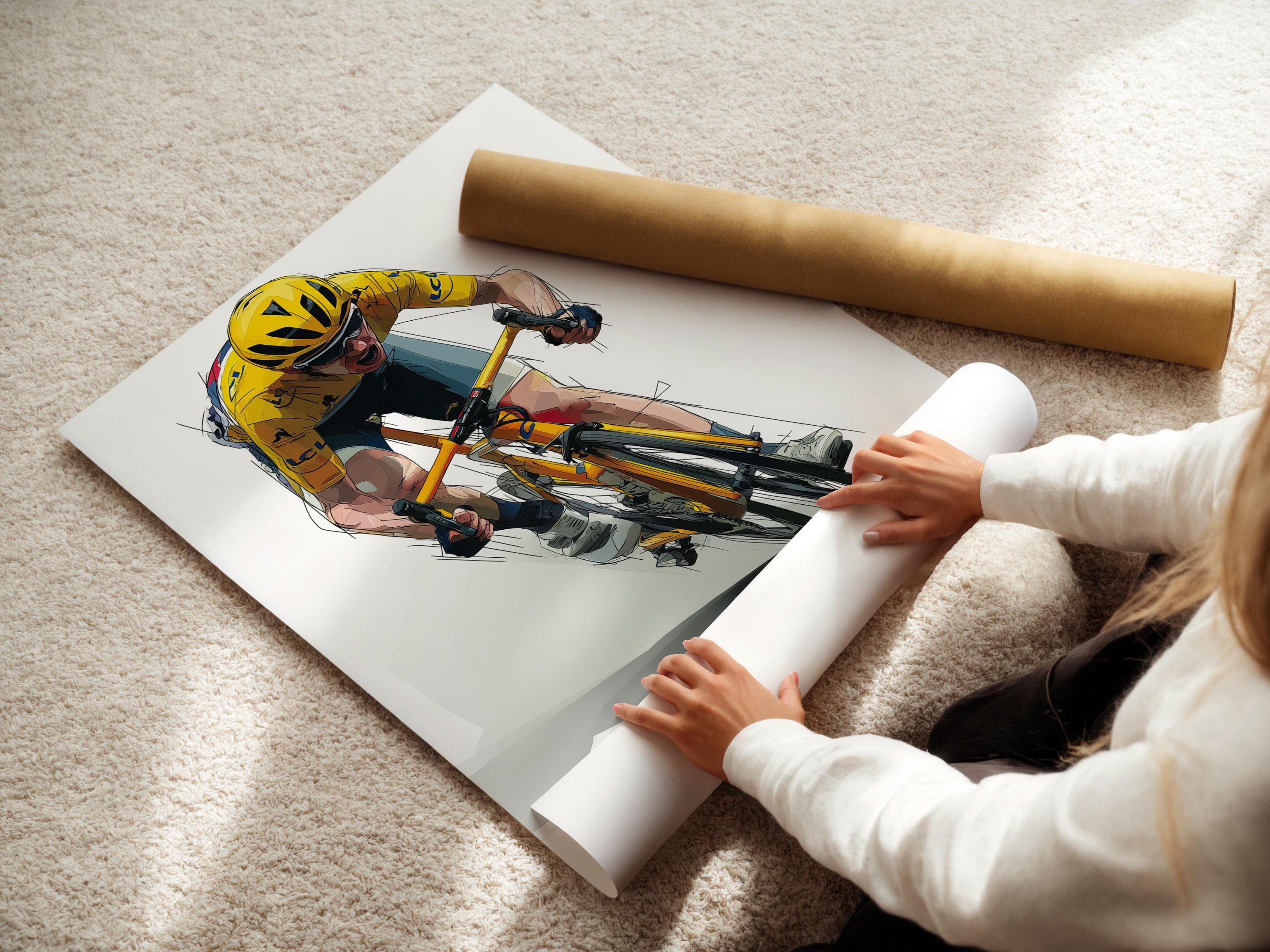 Stylised yellow cyclist riding a bicycle diagonally with motion lines detail view