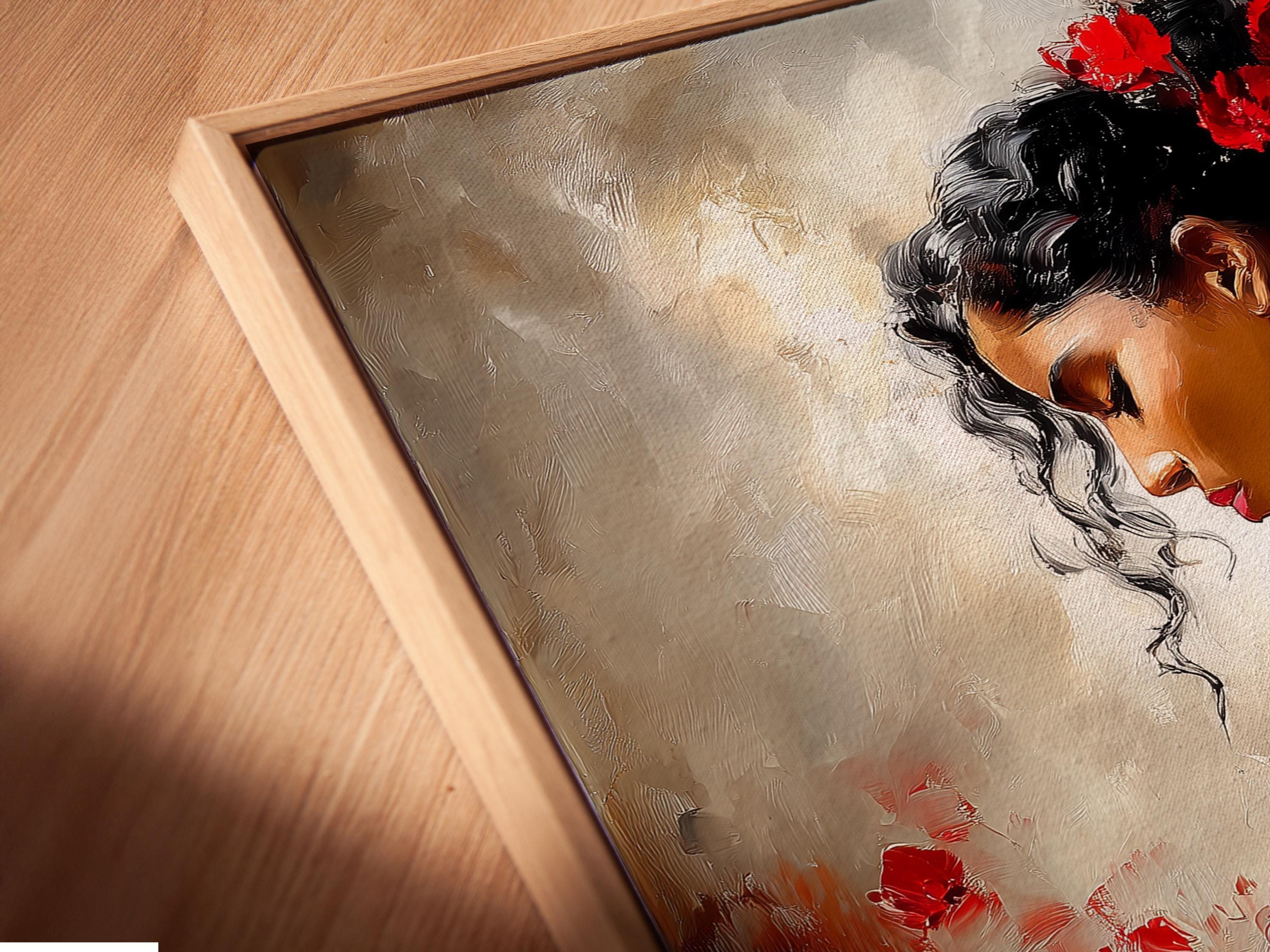 A framed artwork of a woman playing a piano with red flowers displayed in a room