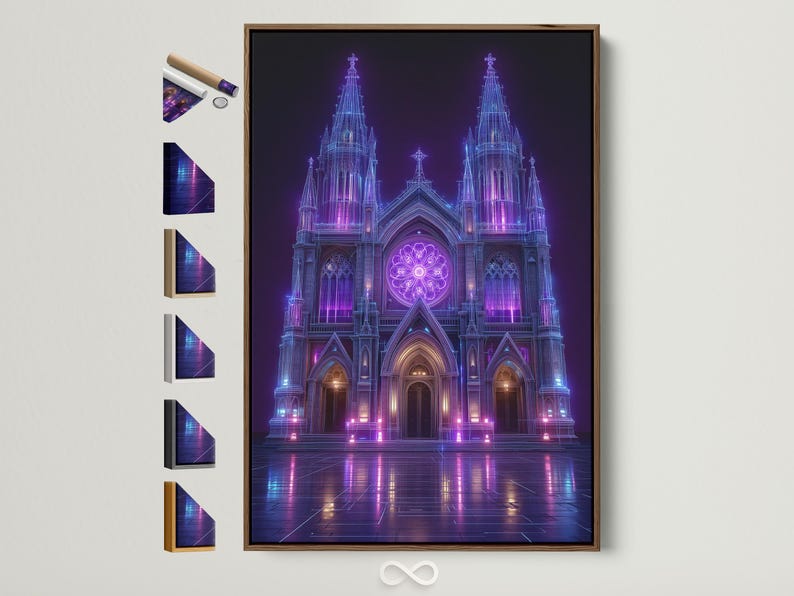 Neon purple and blue gothic cathedral façade with glowing rosette window and reflections