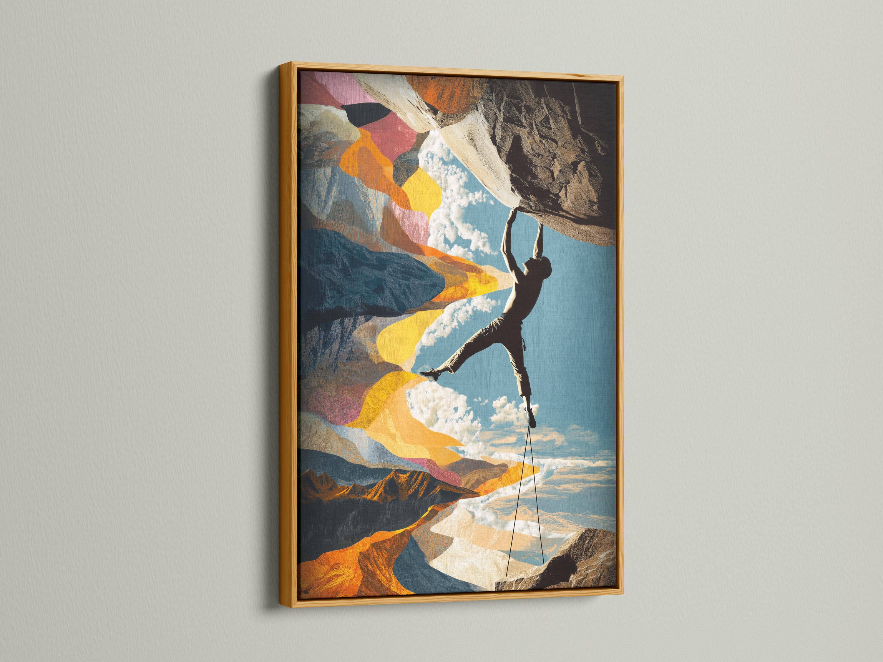 Man sitting near a bench and climbing gear beside a framed climbing artwork on a concrete wall