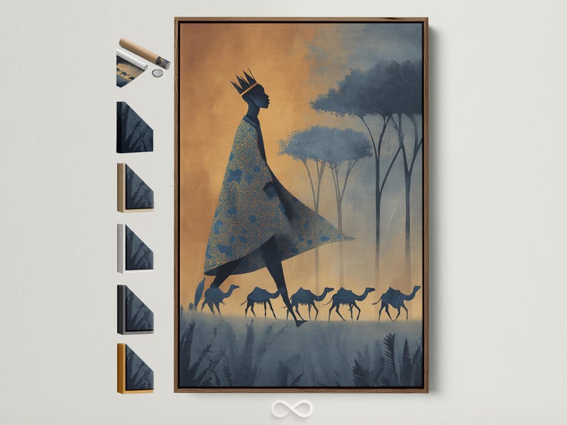 Crowned woman silhouette with camels in a gold and navy desert scene