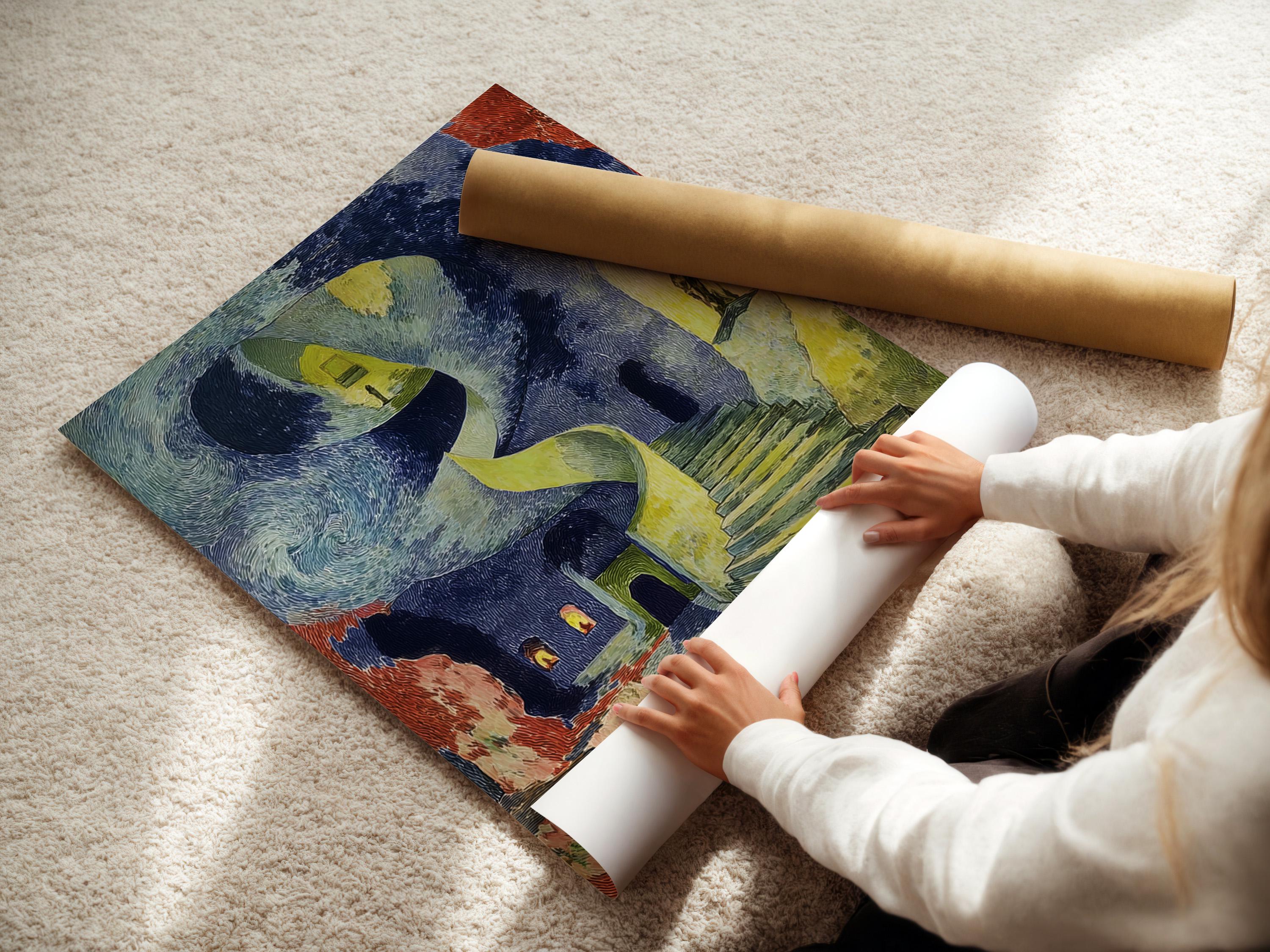 Room mockup showing framed surreal spiral staircase artwork with blue and green tones