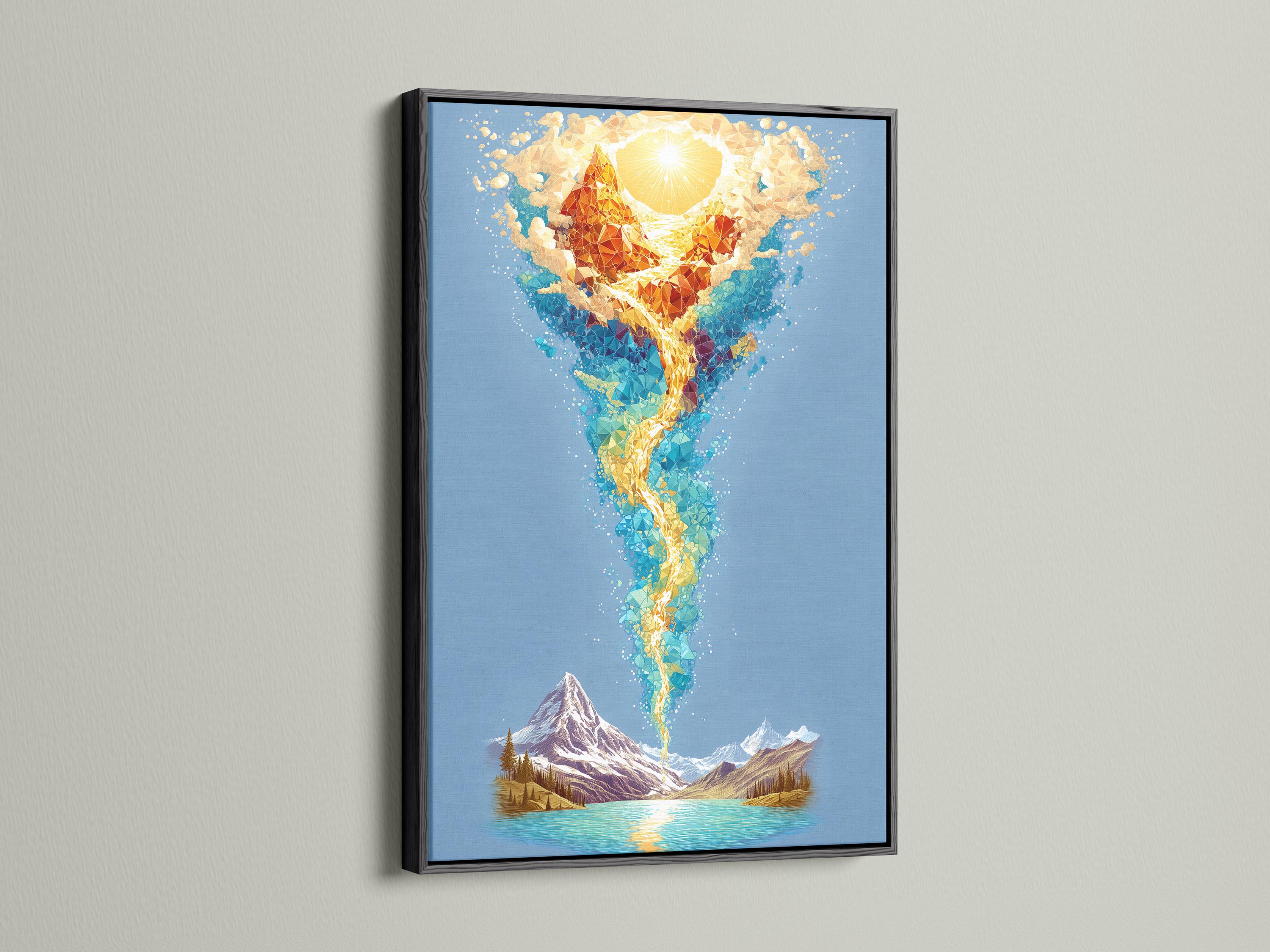 Blue mountain lake artwork with a glowing golden faceted human-like figure rising above it detail view