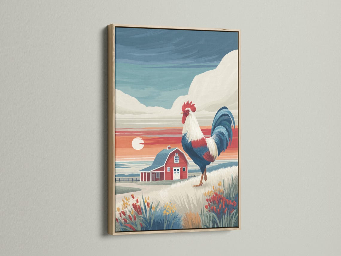 Illustrated rooster standing beside a red barn in a countryside landscape with a bright sun detail view