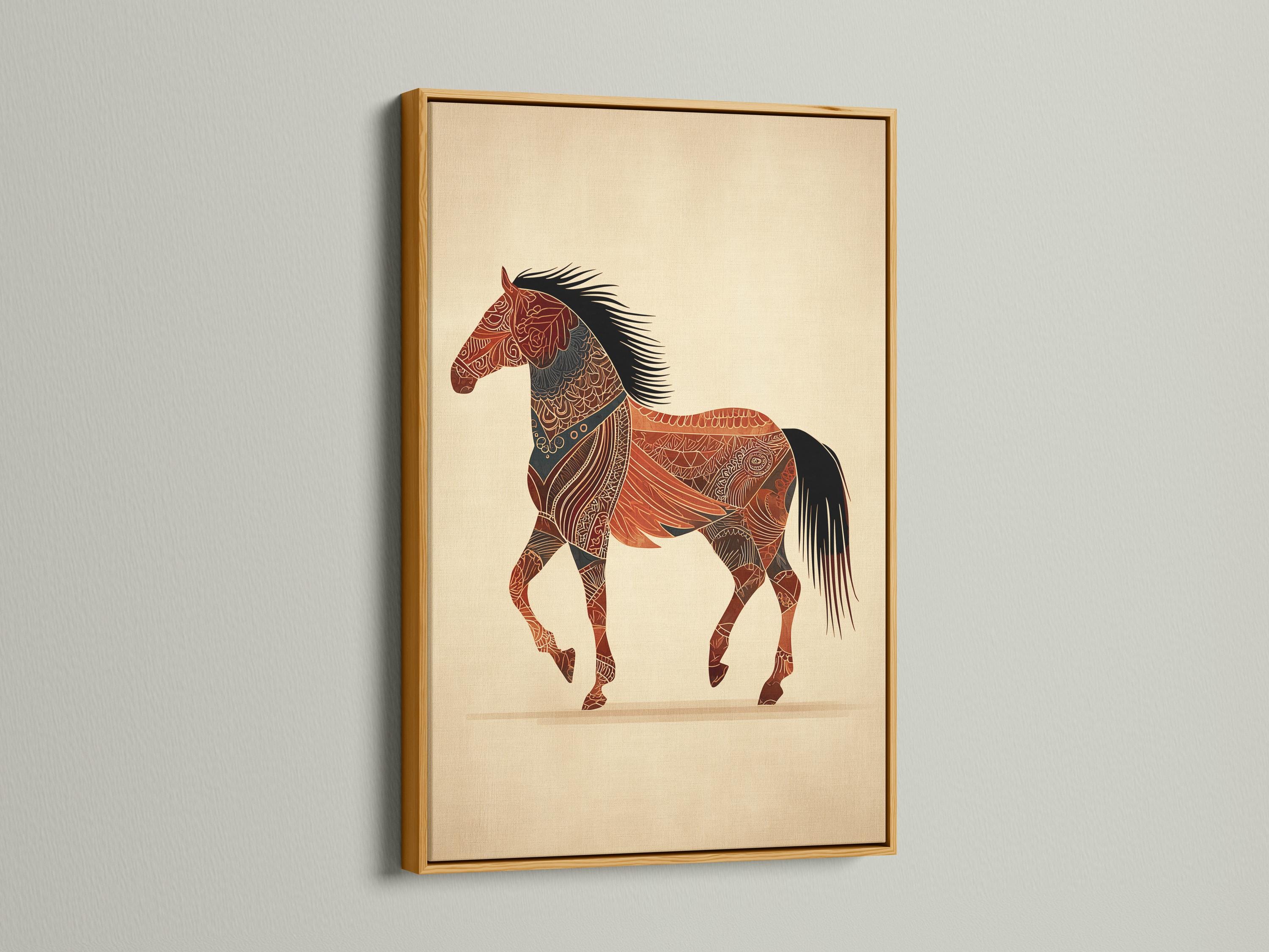 Stylised horse with ornate red-brown patterns, bold black mane and tail on a beige background detail view