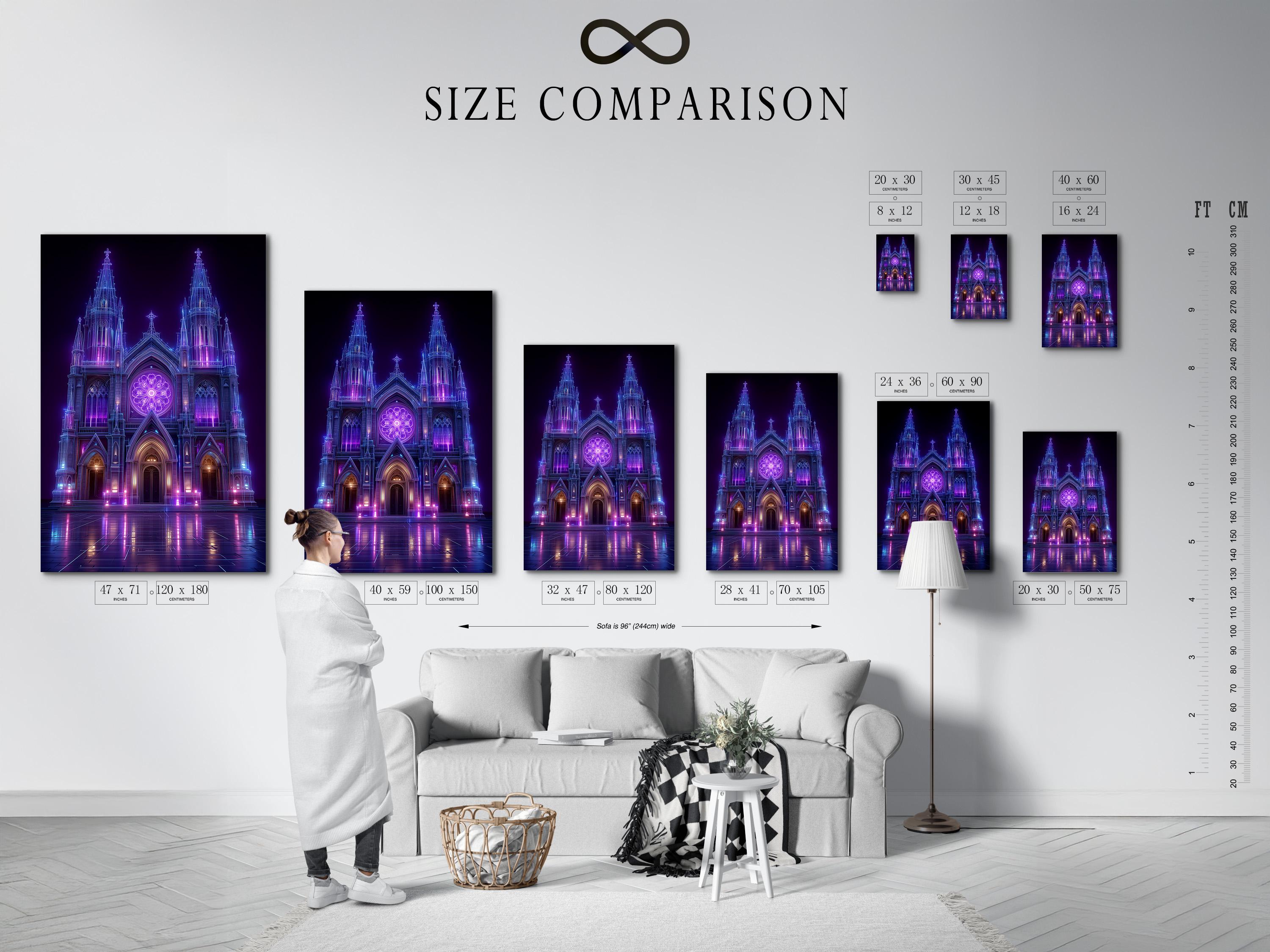 Neon purple and blue gothic cathedral façade with glowing rosette window and reflections detail view