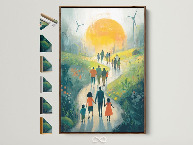 Painterly green landscape with people walking along a path toward a glowing sun and wind turbines
