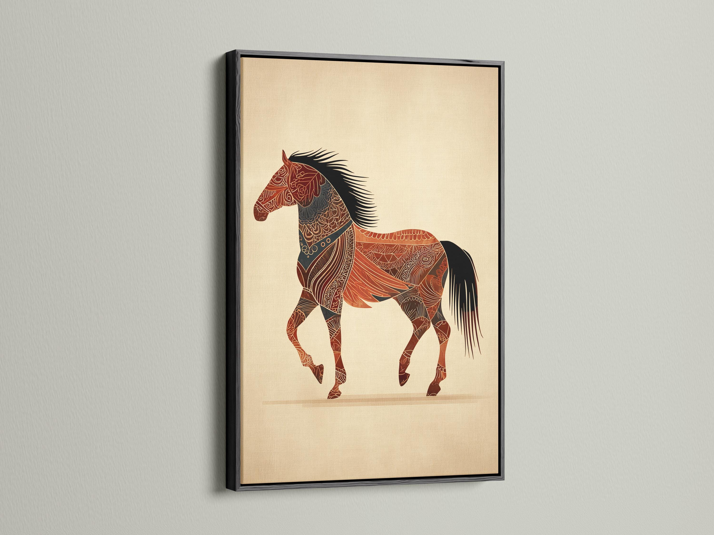 Stylised horse with ornate red-brown patterns, bold black mane and tail on a beige background detail view