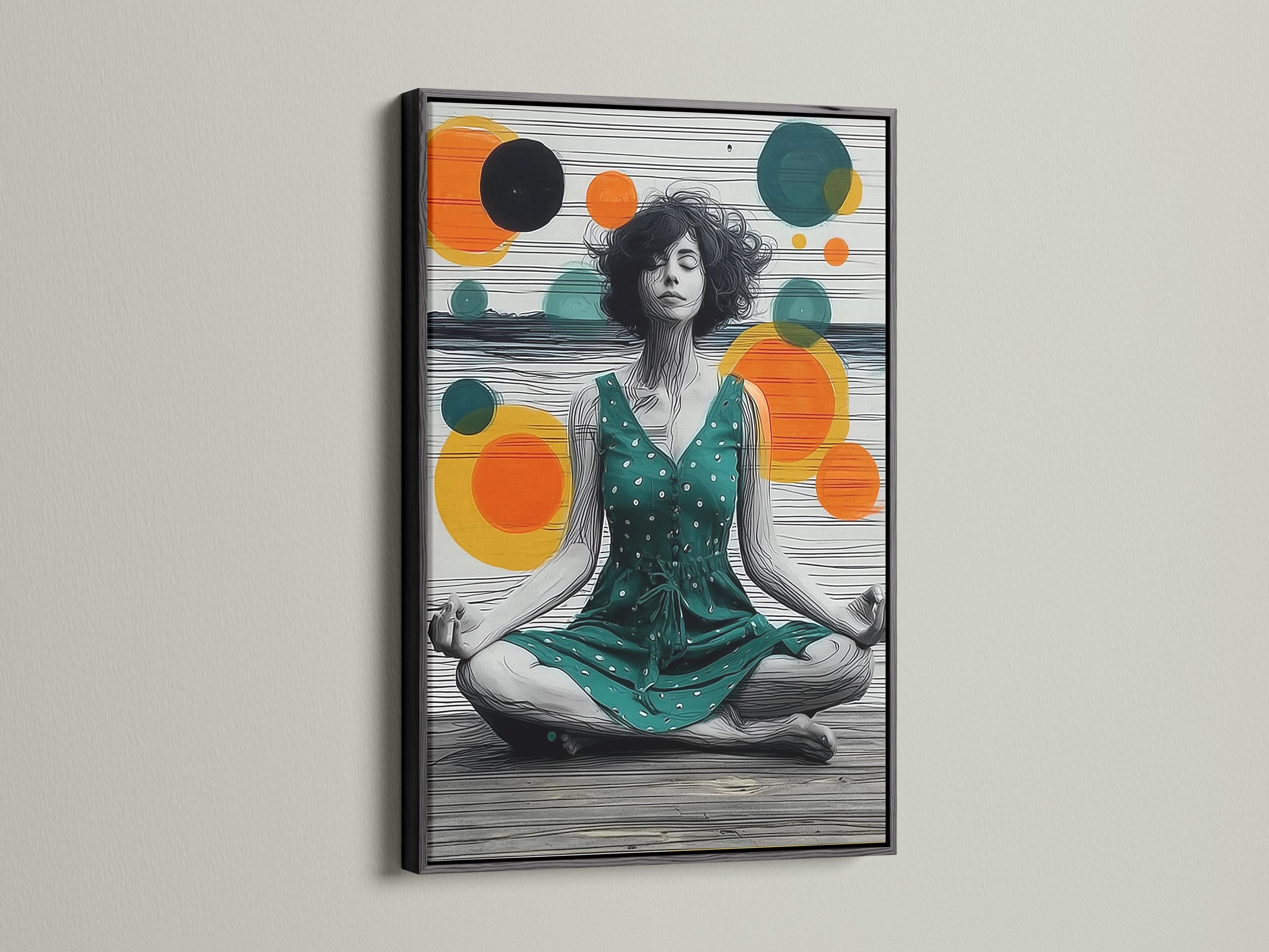 Seated meditating woman illustration with teal, orange and yellow circles and horizontal stripes background detail view