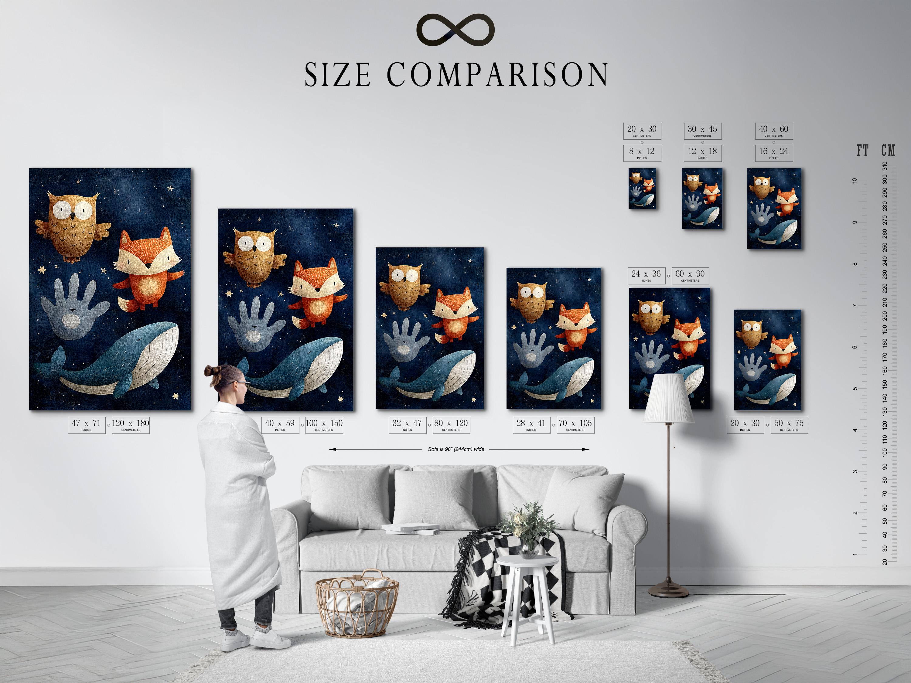 Illustrated whale, fox and owl in a navy starry-night scene with stars detail view