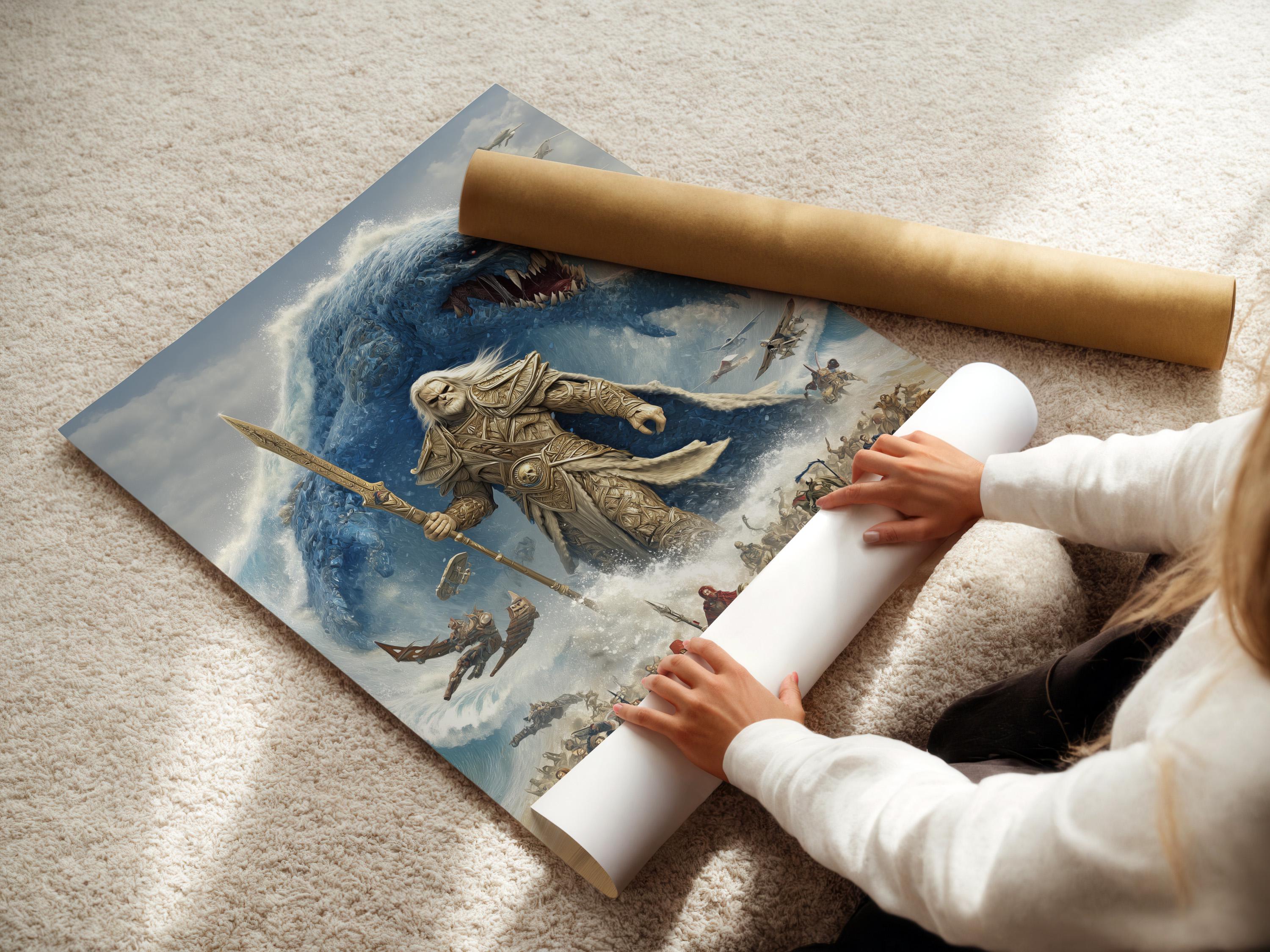 Blue sea monster lunging at a spear-wielding warrior in a stormy fantasy battle scene detail view