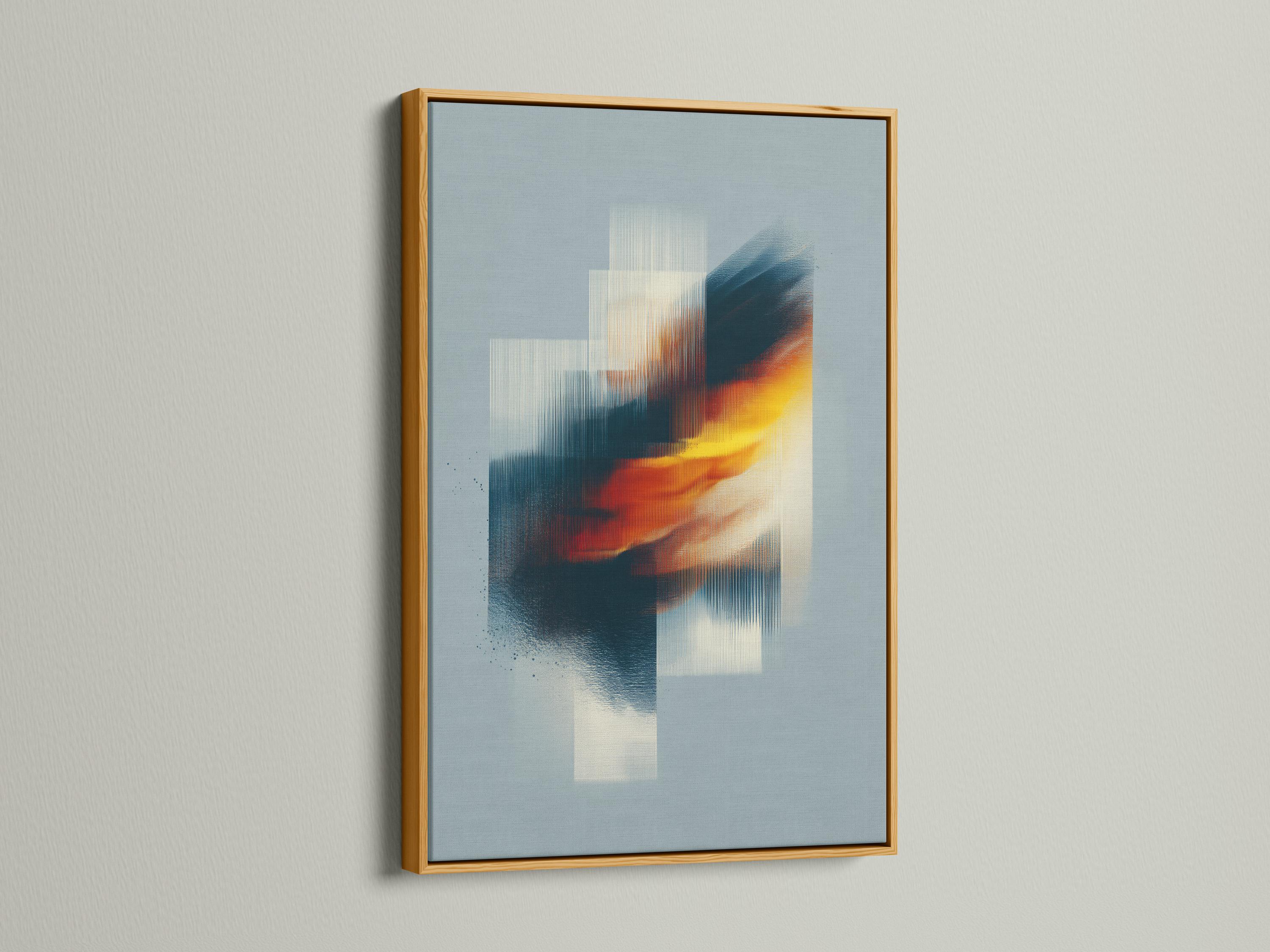 Abstract geometric wall art with layered blue rectangles and warm gold diagonal accents detail view