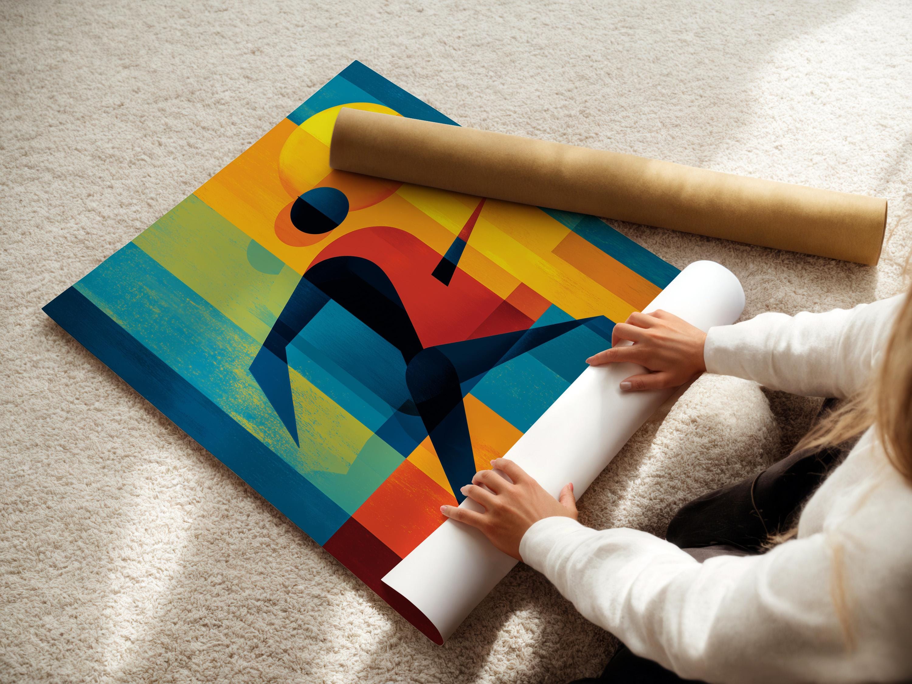 Geometric runner figure in red, blue, teal and yellow with a sun-like circle background detail view