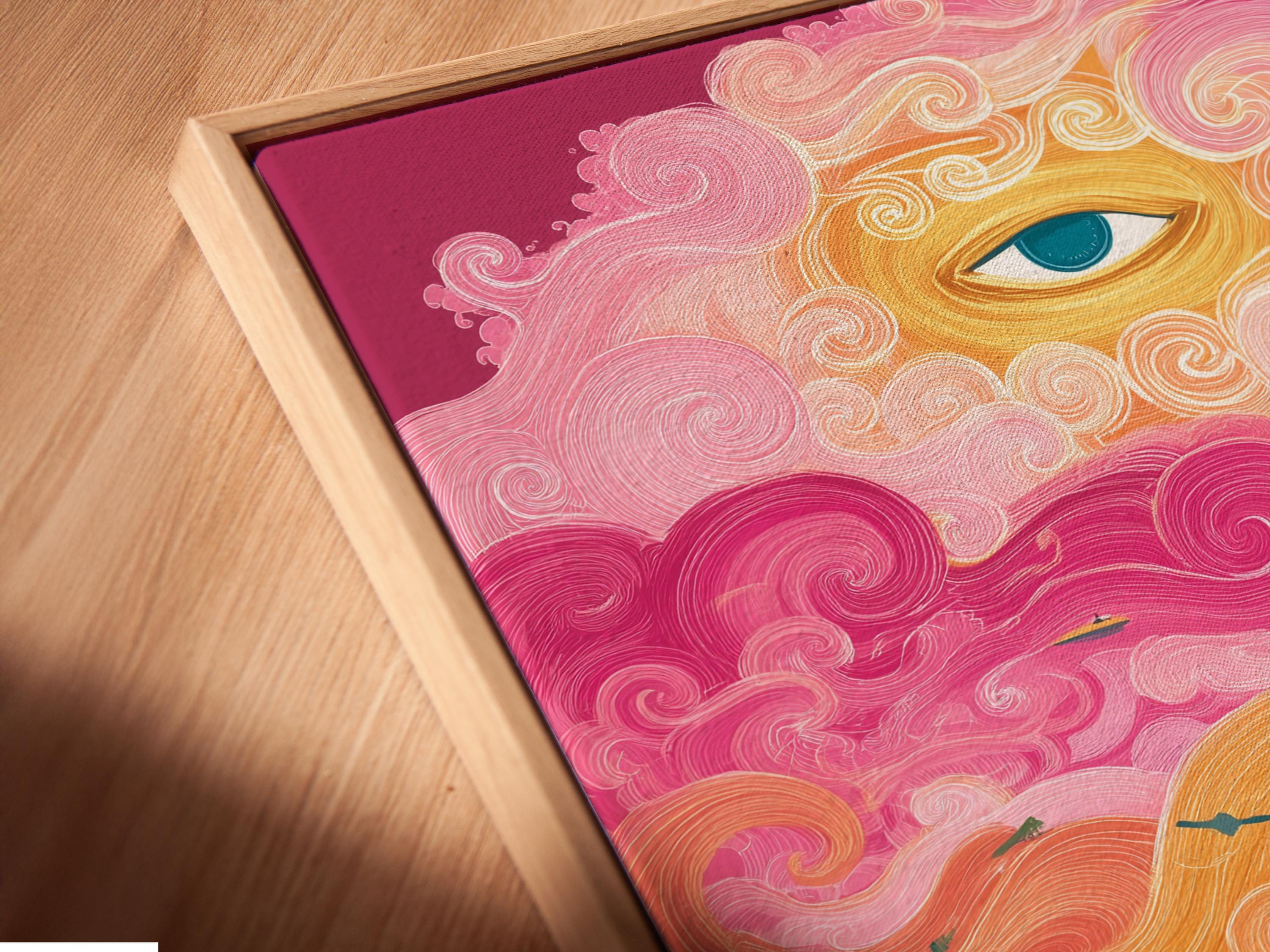 Colourful ocean scene with an eye in the sky, swirling clouds, waves, sailboats and fish detail view