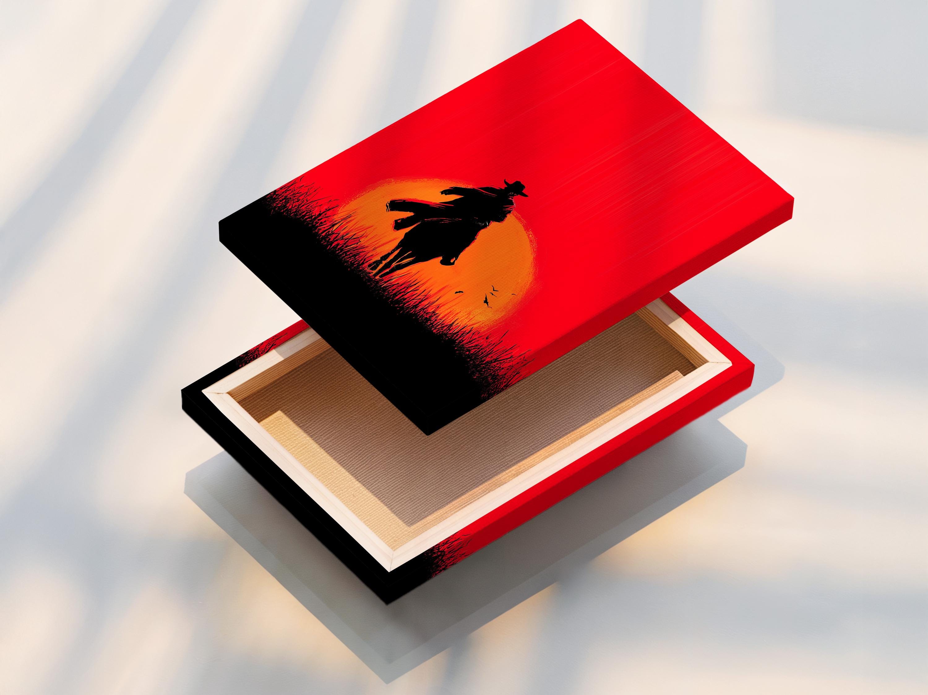 A framed artwork mockup showing a cowboy and horse silhouette at sunset against a red sky