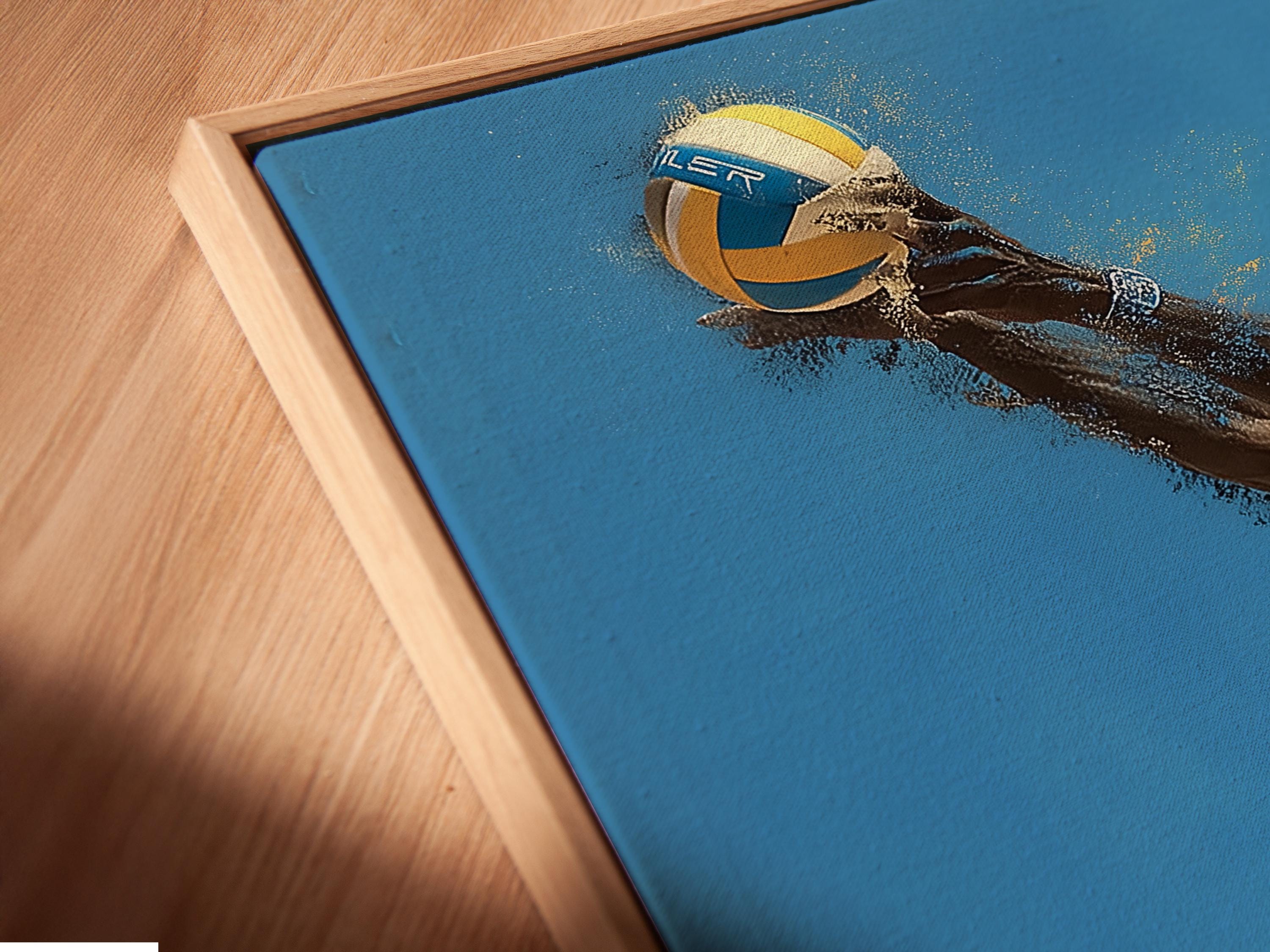 Volleyball player artwork in a dynamic pose with blue and sandy yellow paint splashes detail view