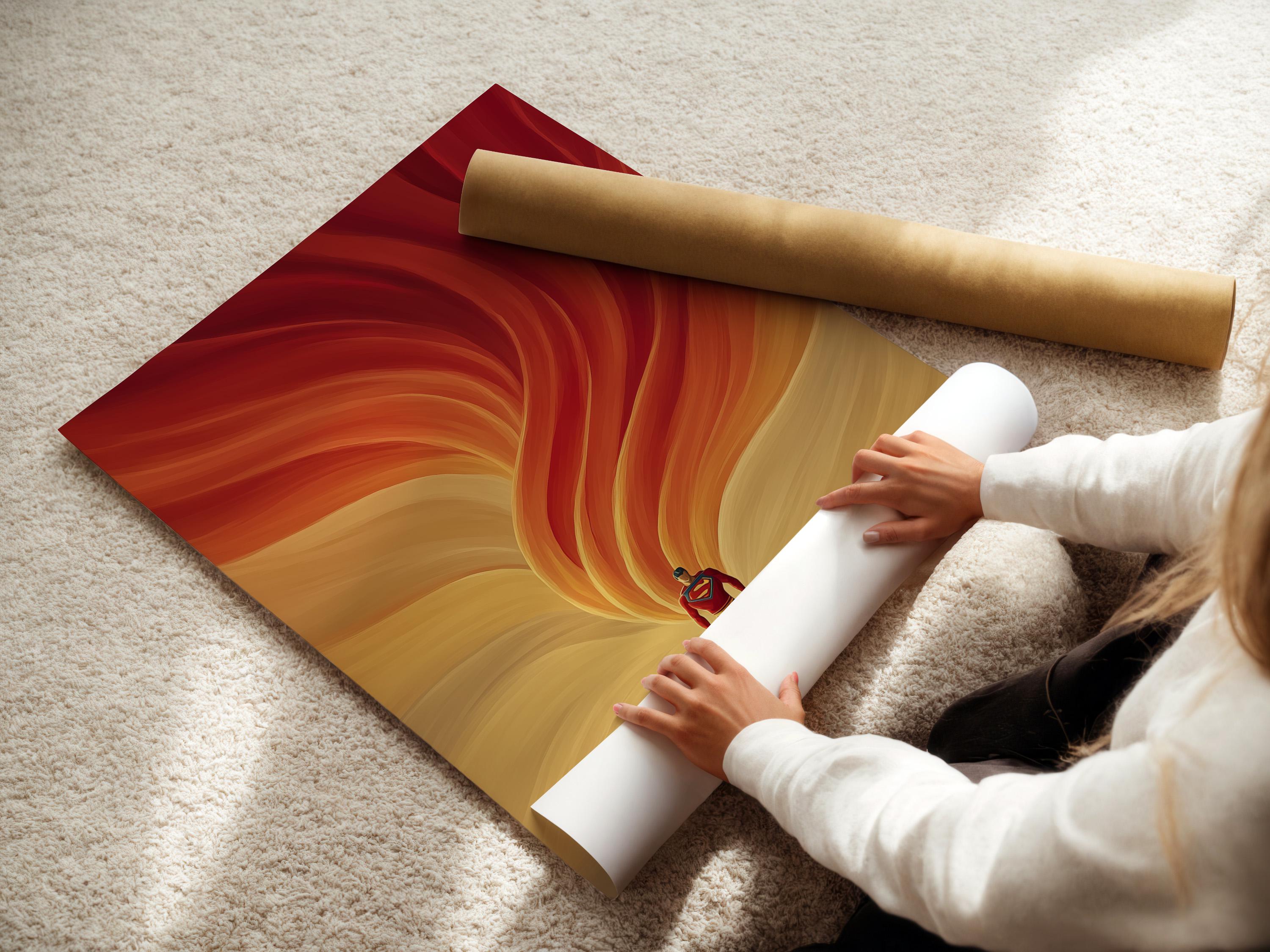 Portrait artwork of a red and blue superhero under warm orange and red energy swirls detail view
