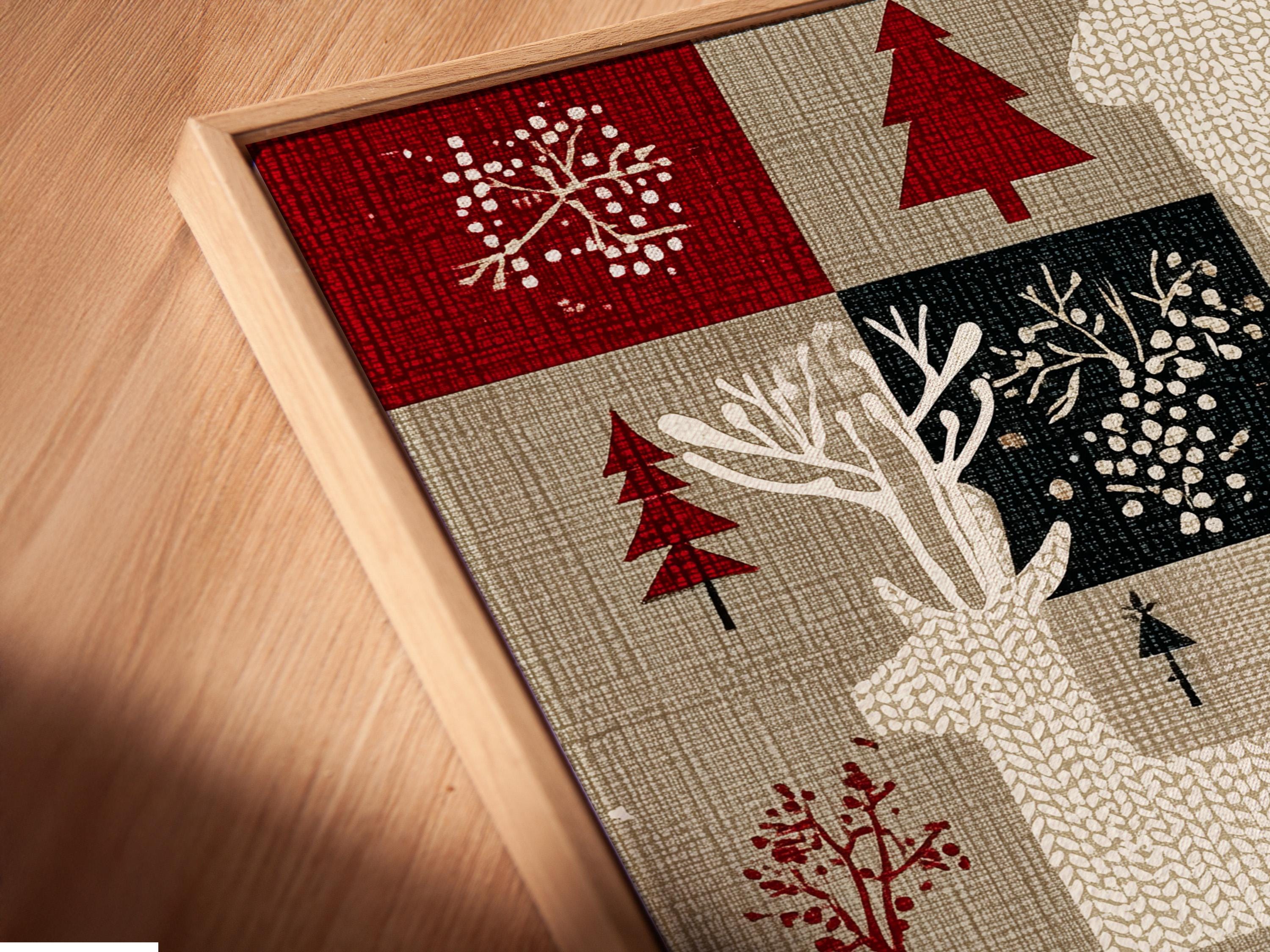 Deep red deer silhouette in a patchwork winter design with trees and snowflake motifs detail view