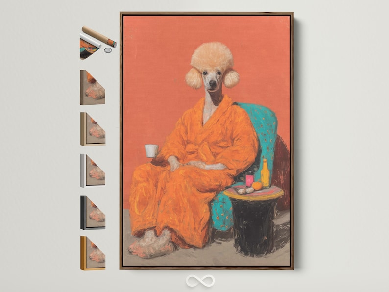Stylised poodle portrait with fluffy white curls, orange robe, coral background and turquoise and pink props