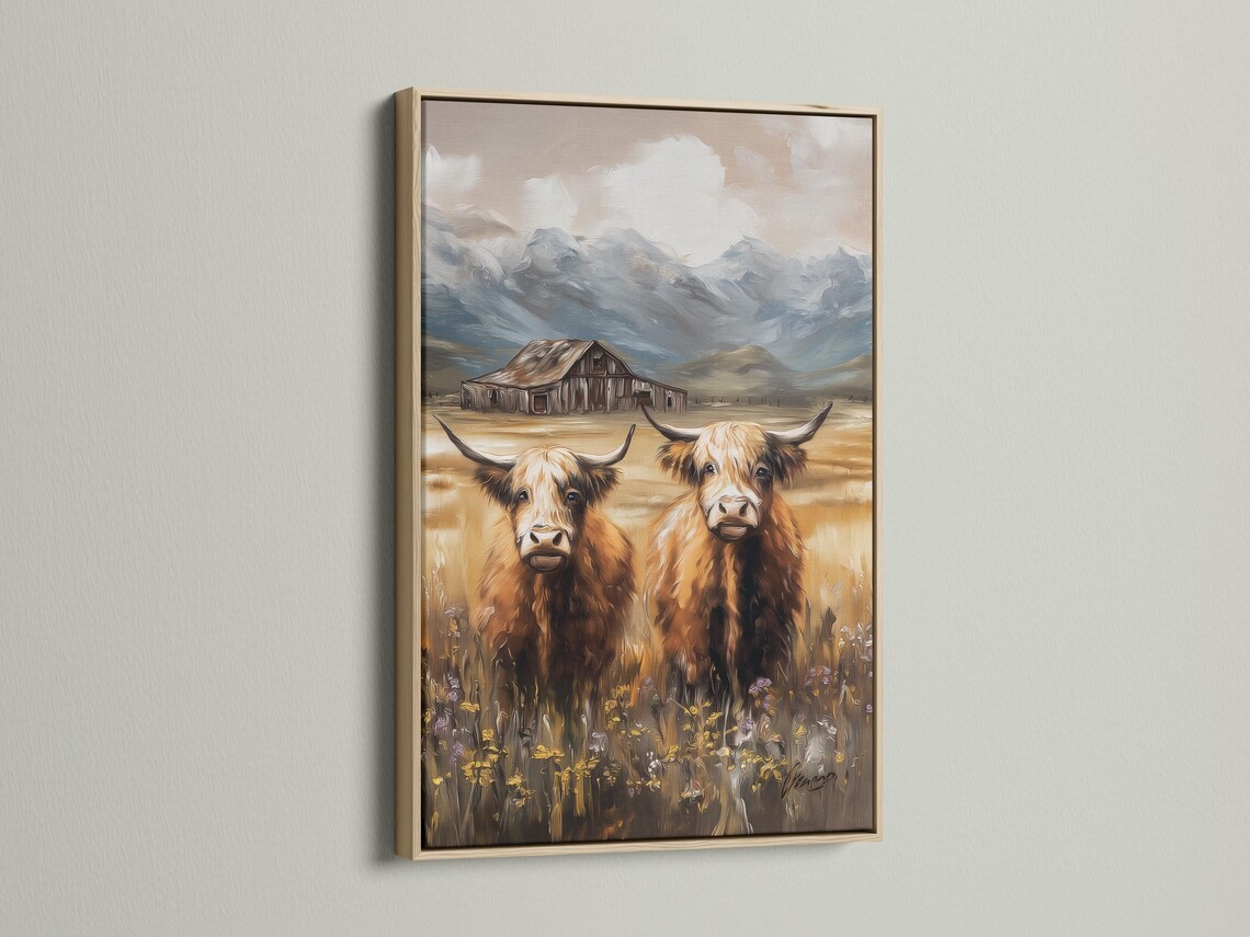 Painterly countryside scene with two horned cows, a barn, hills and cloudy sky detail view