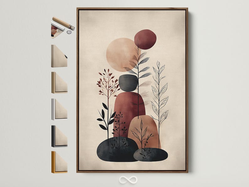 Abstract botanical illustration with beige background, terracotta and burgundy circles, and charcoal plant stems