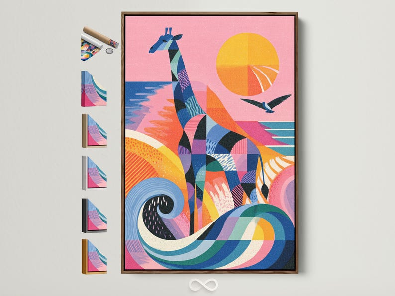 Colourful geometric giraffe artwork with birds in flight and a sun-like circle on a pink background