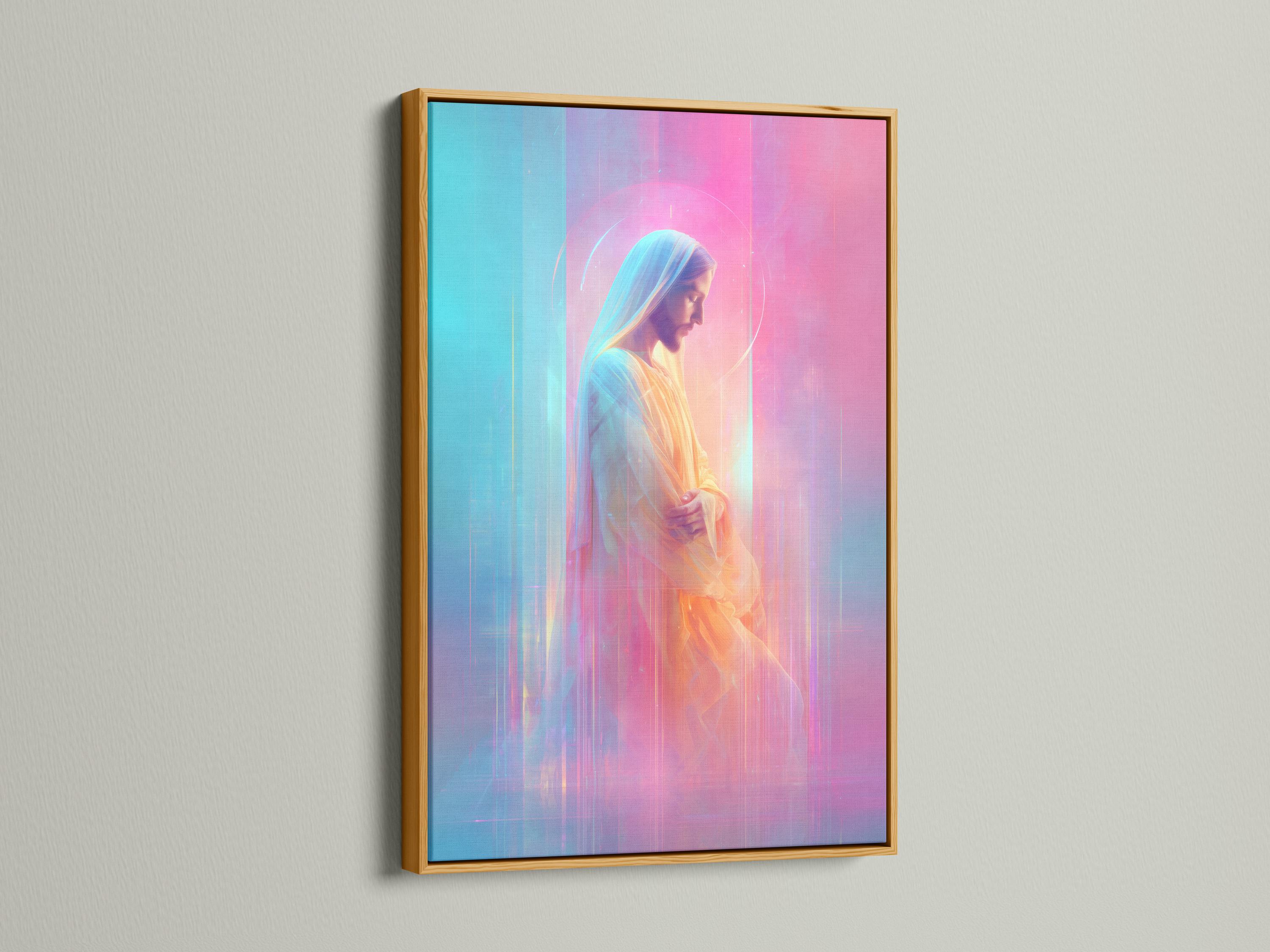 Stylised Jesus Christ portrait in profile with a glowing halo, pink and aqua background detail view