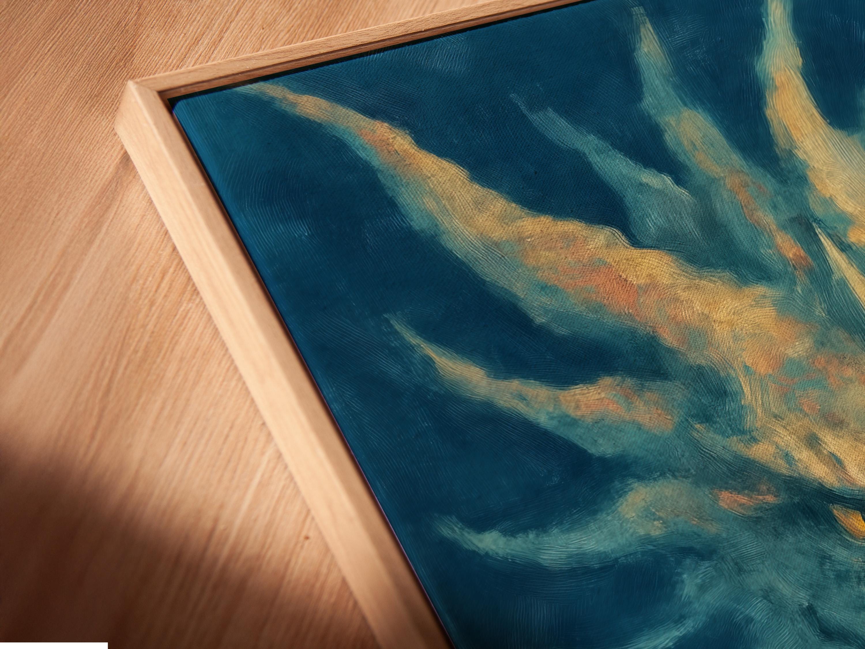 Blue dragon-like creature with glowing yellow eyes over a sandy beach ocean scene detail view