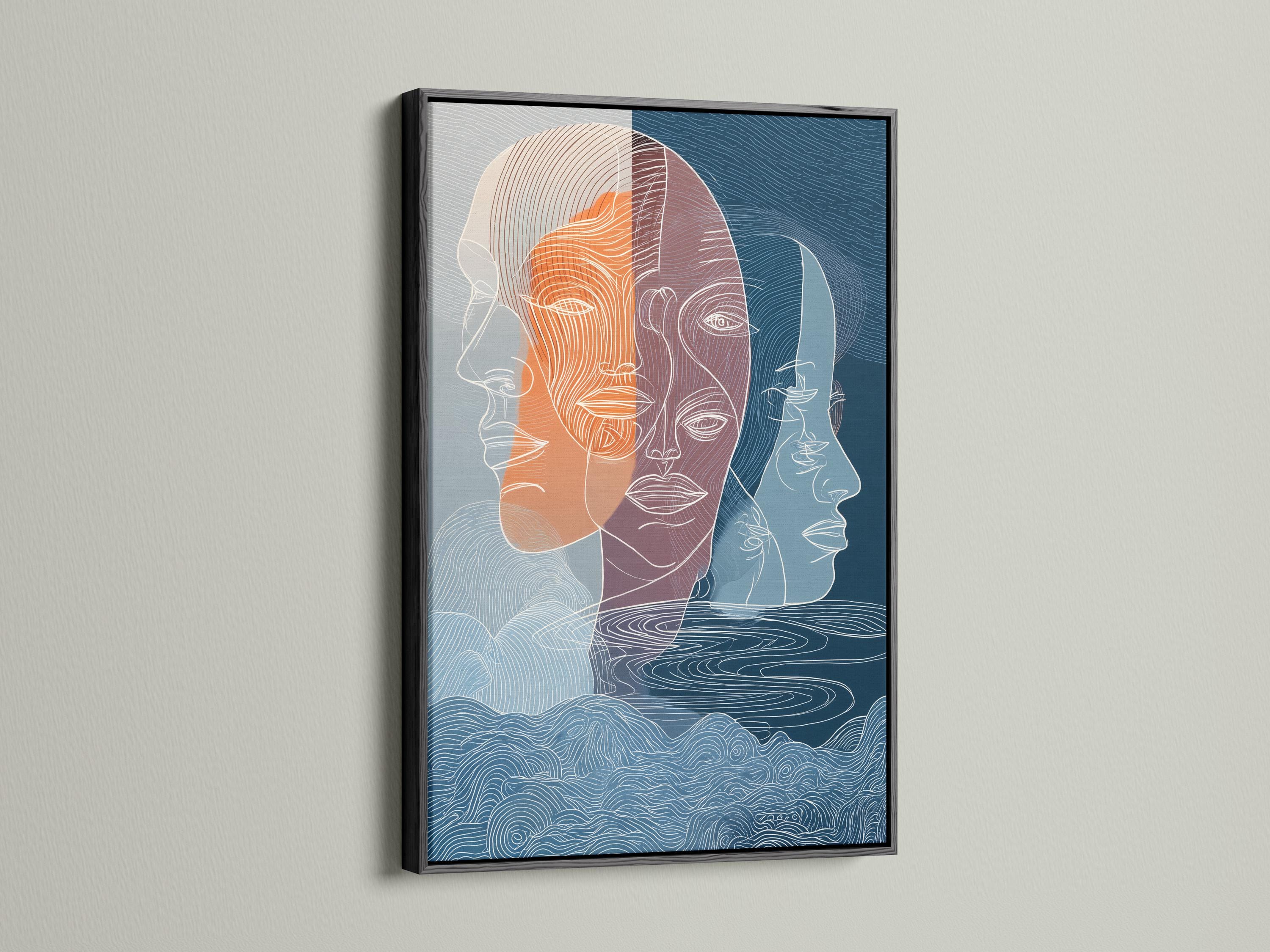 A pair of abstract line-illustrated faces fills the centre, layered in indigo, teal and warm terracotta/orange with flowing contour lines detail view