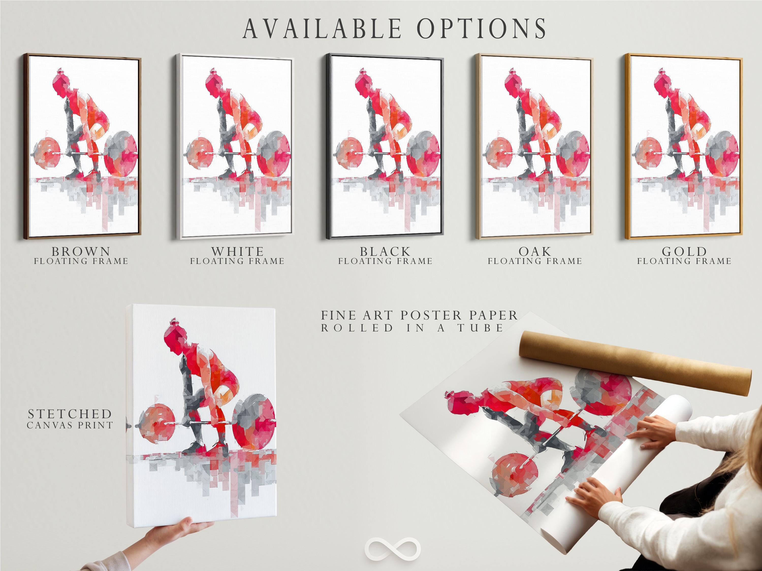 Fitness artwork mockup showing a red and grey weightlifter lifting a barbell inside a frame