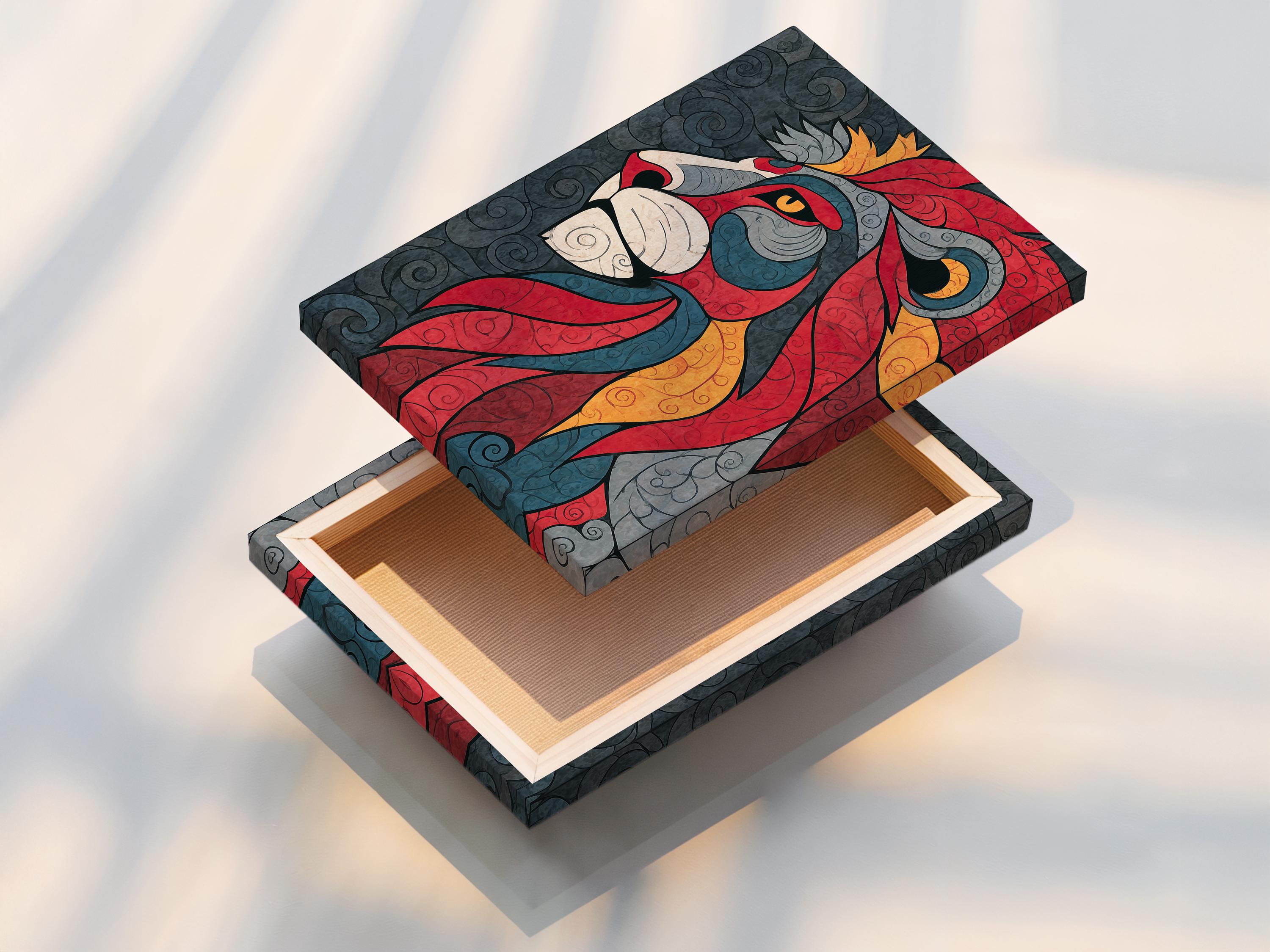 A stylised lion in bold reds, greys, and golds rests across a swirling patterned background with curled tail and mane shapes detail view