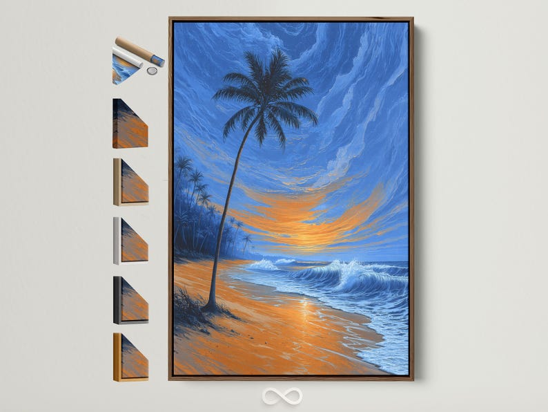 Palm tree tropical beach scene with ocean waves and a glowing sunset sky