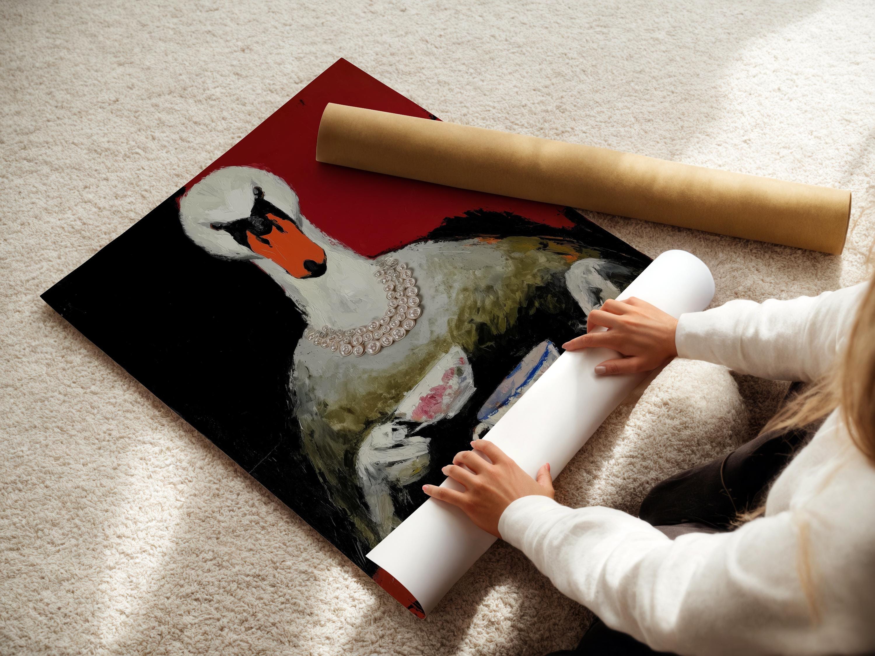 Stylised swan portrait in red and black with a pearl-like necklace detail view