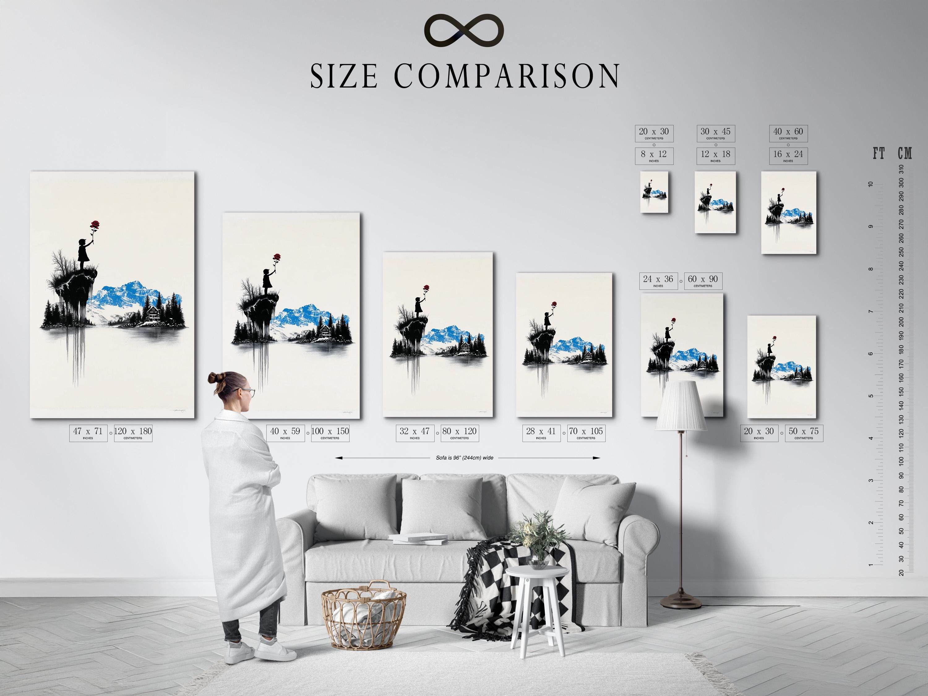 Room mockup showing a framed artwork of a monochrome mountain scene with a girl silhouette holding a red rose