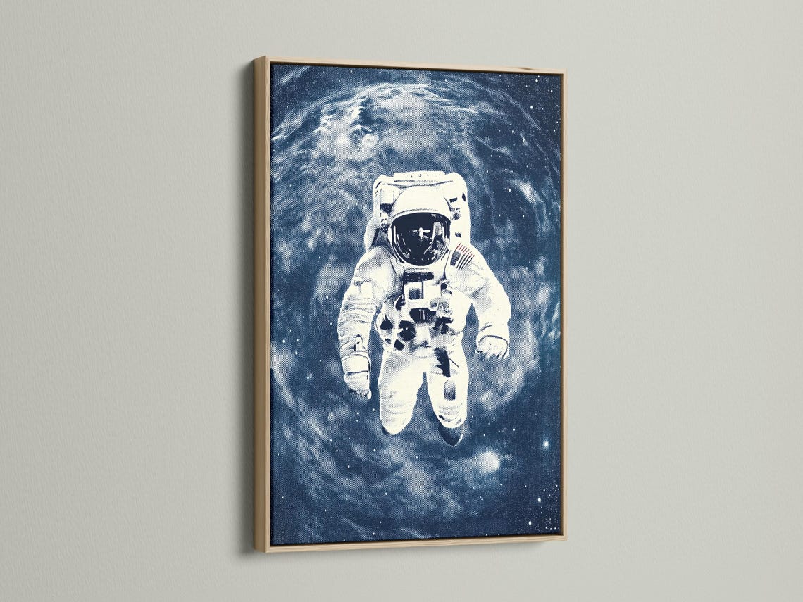 Stylised astronaut running through a deep indigo galaxy with a bright planet arc and stars detail view