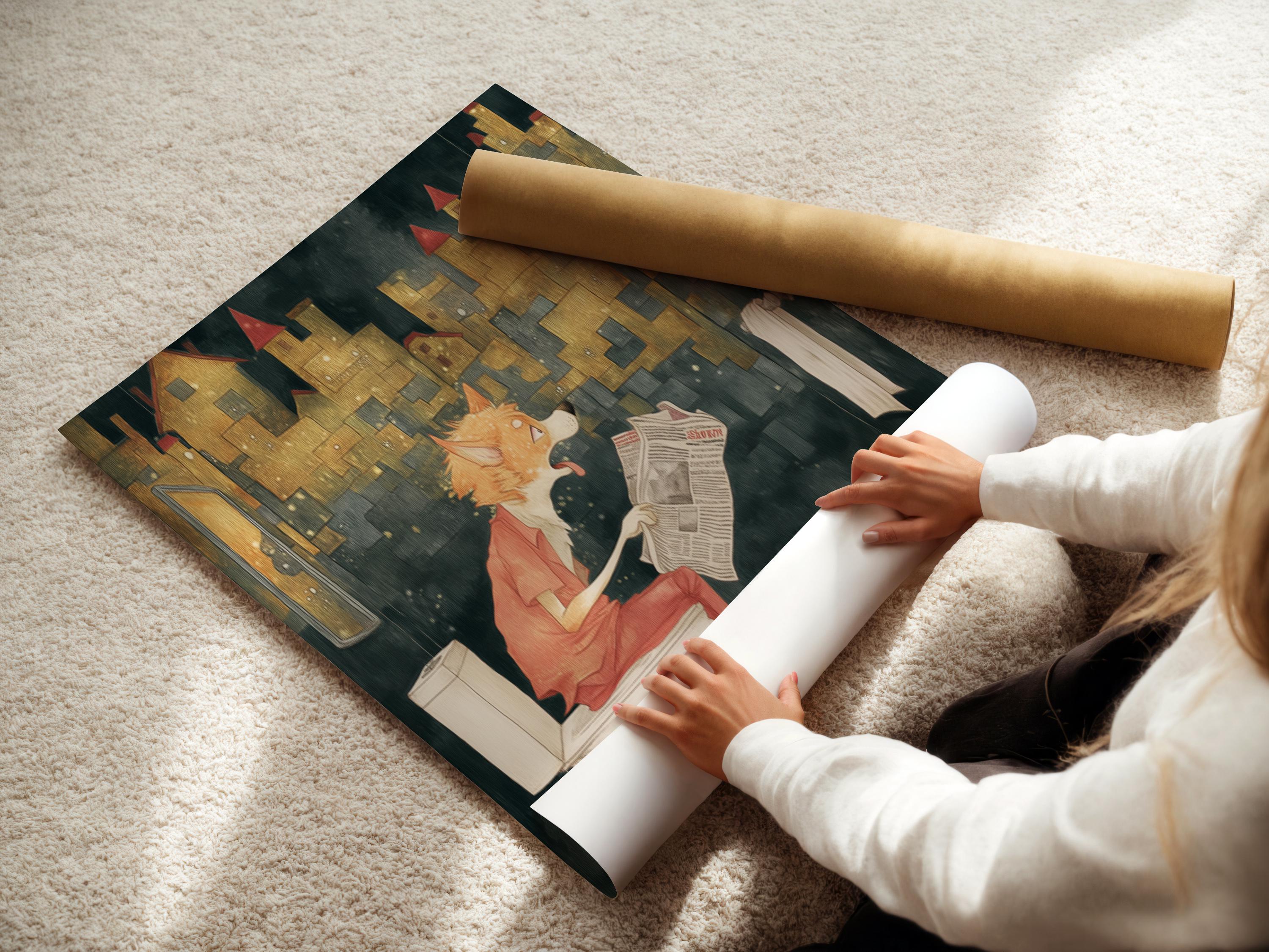 Orange fox reading a newspaper while seated on a white toilet with a moody cityscape background detail view