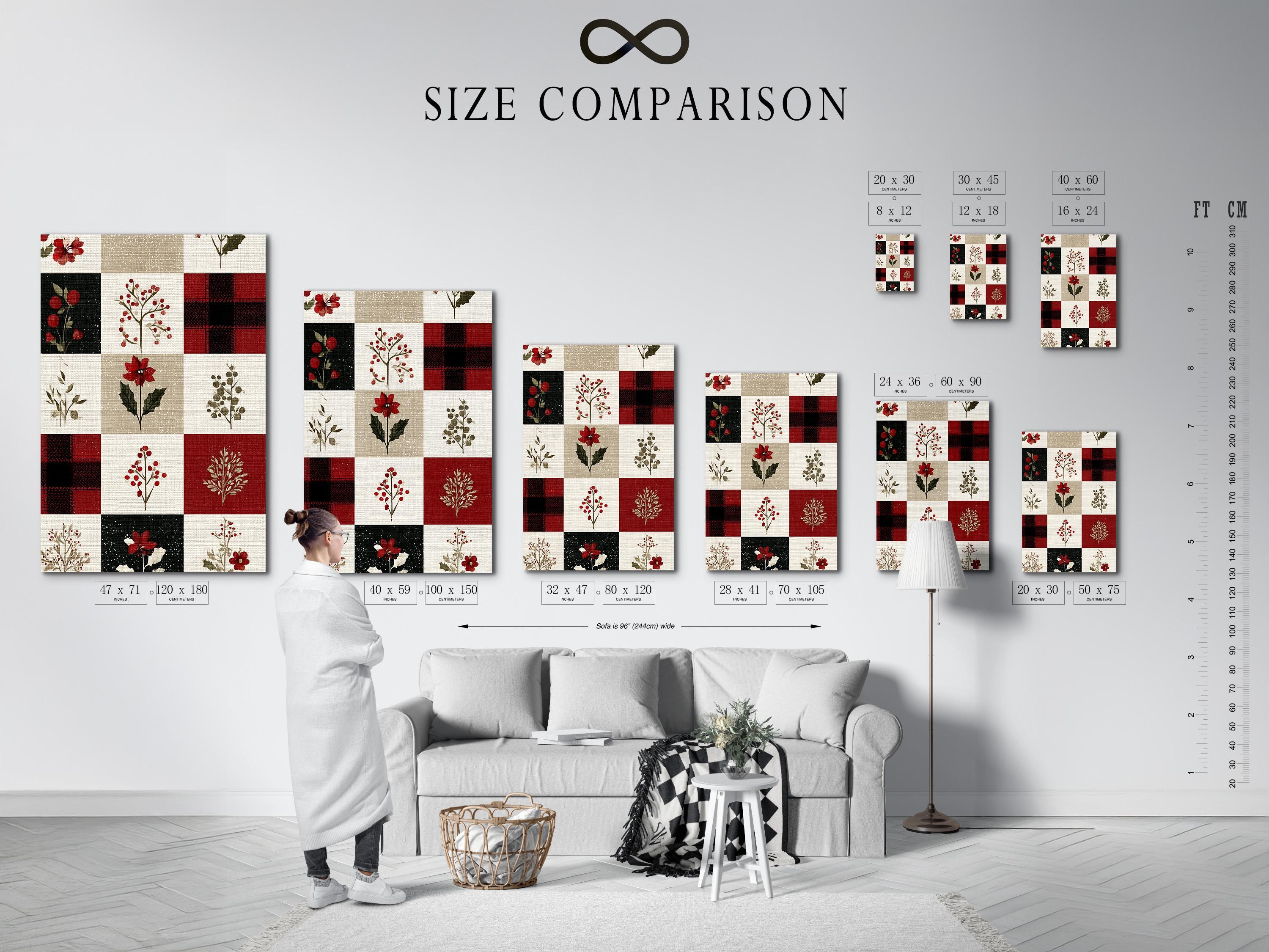 Patchwork floral artwork with red flowers and berries on cream, beige, and dark blocks detail view