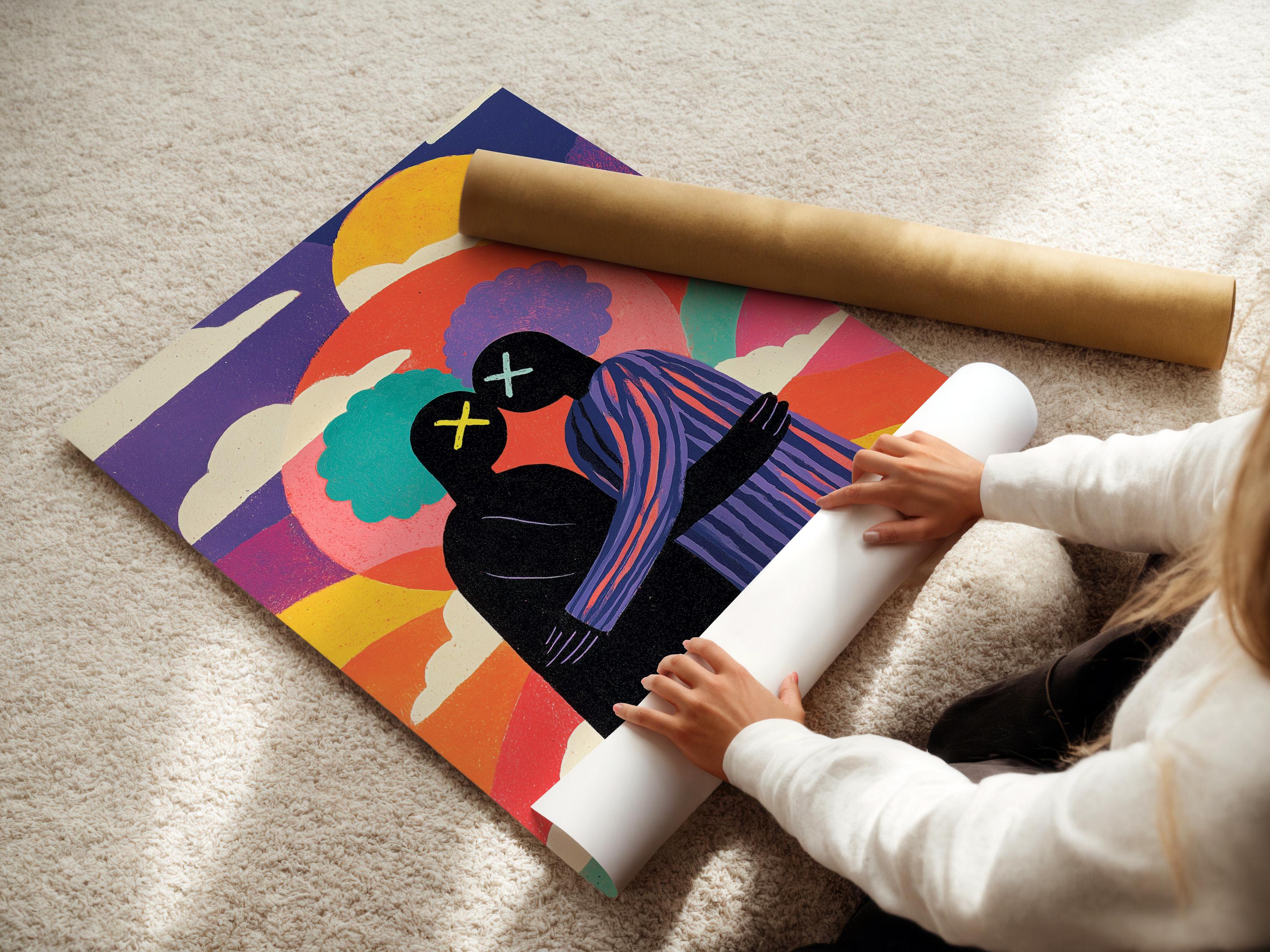 Mockup showing a framed artwork of a colourful sunset couple silhouette on a white wall