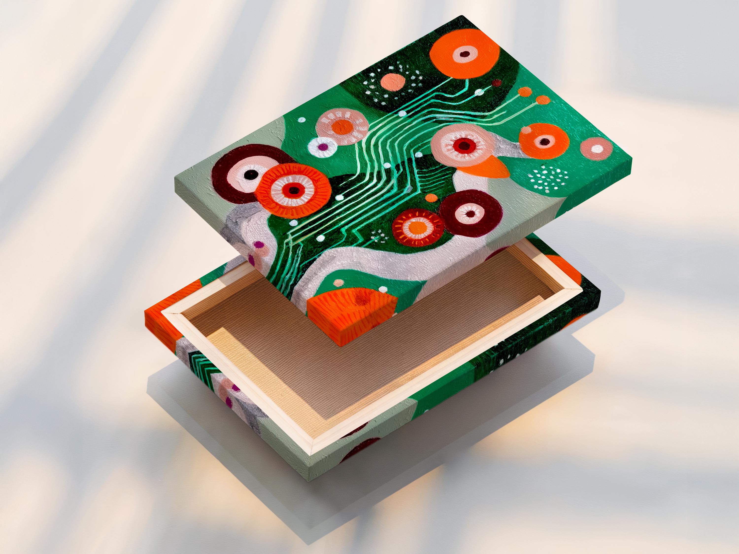 Green abstract artwork with orange and maroon circles, teal curved lines and dotted accents detail view