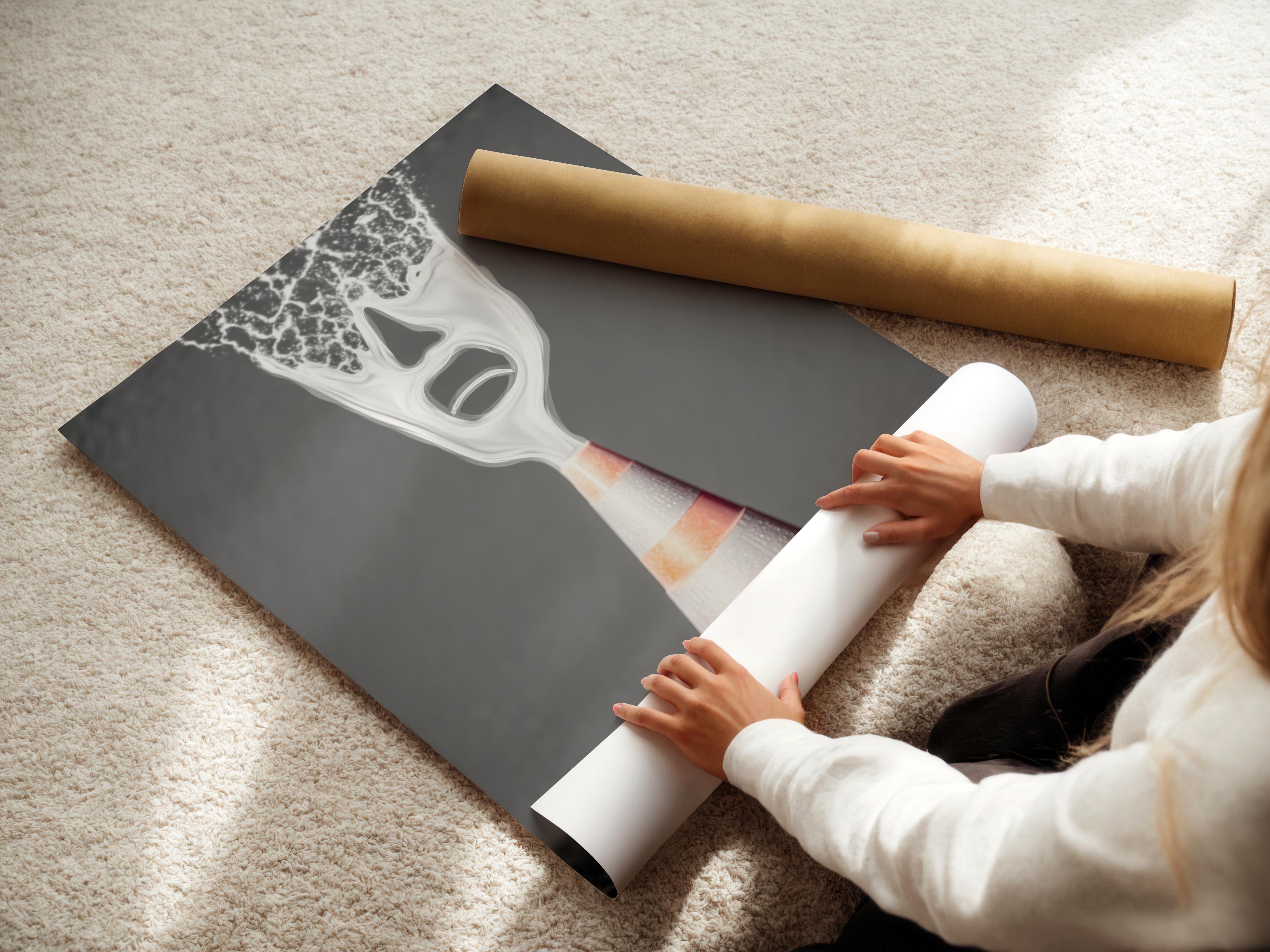 A surreal traffic cone stands on dark ground, its top appearing as a screaming white face with high-contrast, graphic detailing detail view