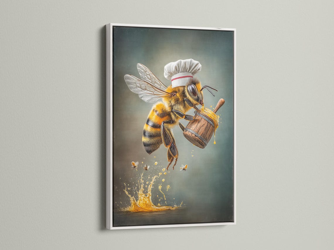 A painterly bee chef stands above a golden honey splash, holding a wooden barrel-like container and wearing a white hat, on a teal-grey background