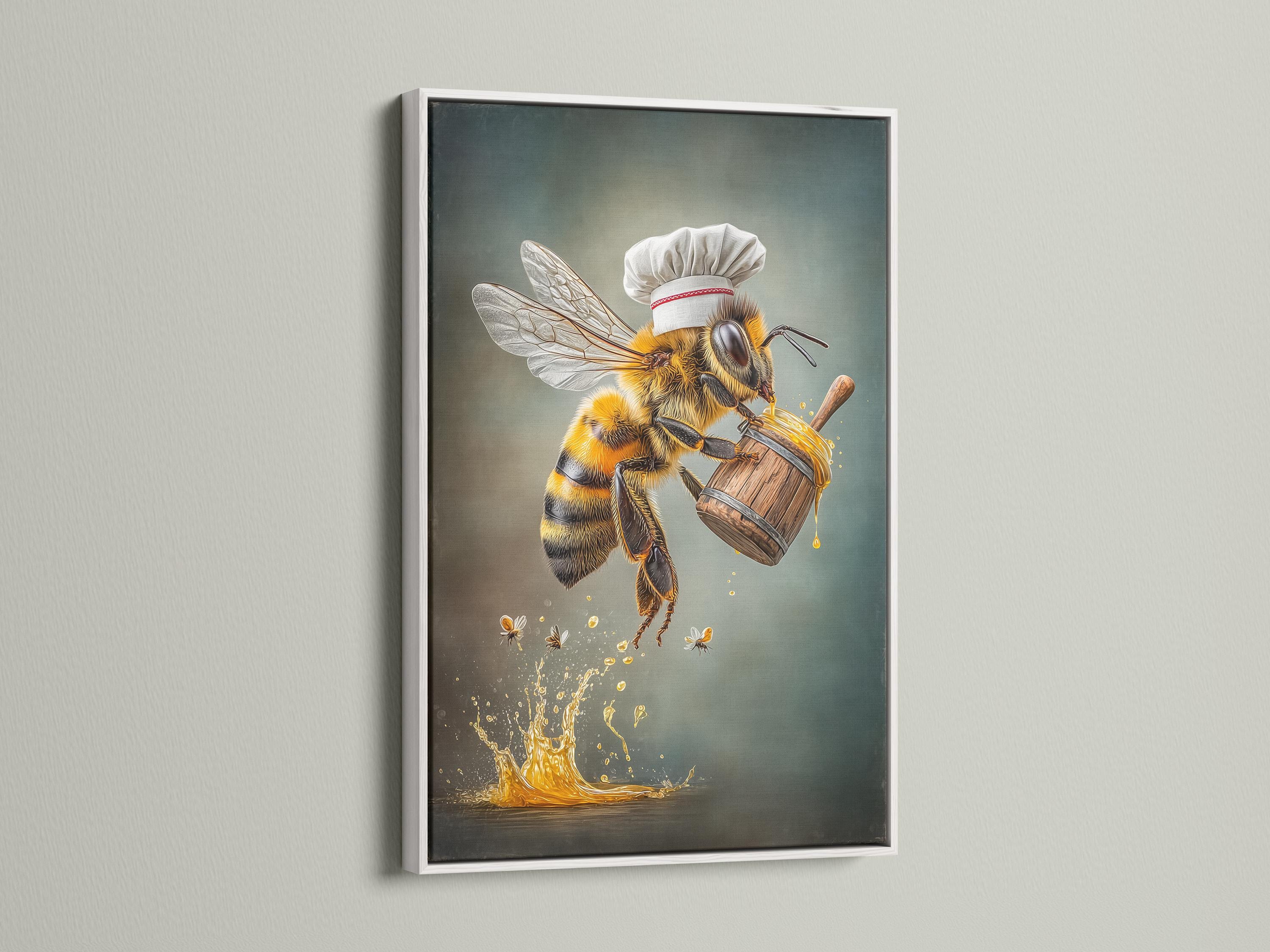 A painterly bee chef stands above a golden honey splash, holding a wooden barrel-like container and wearing a white hat, on a teal-grey background