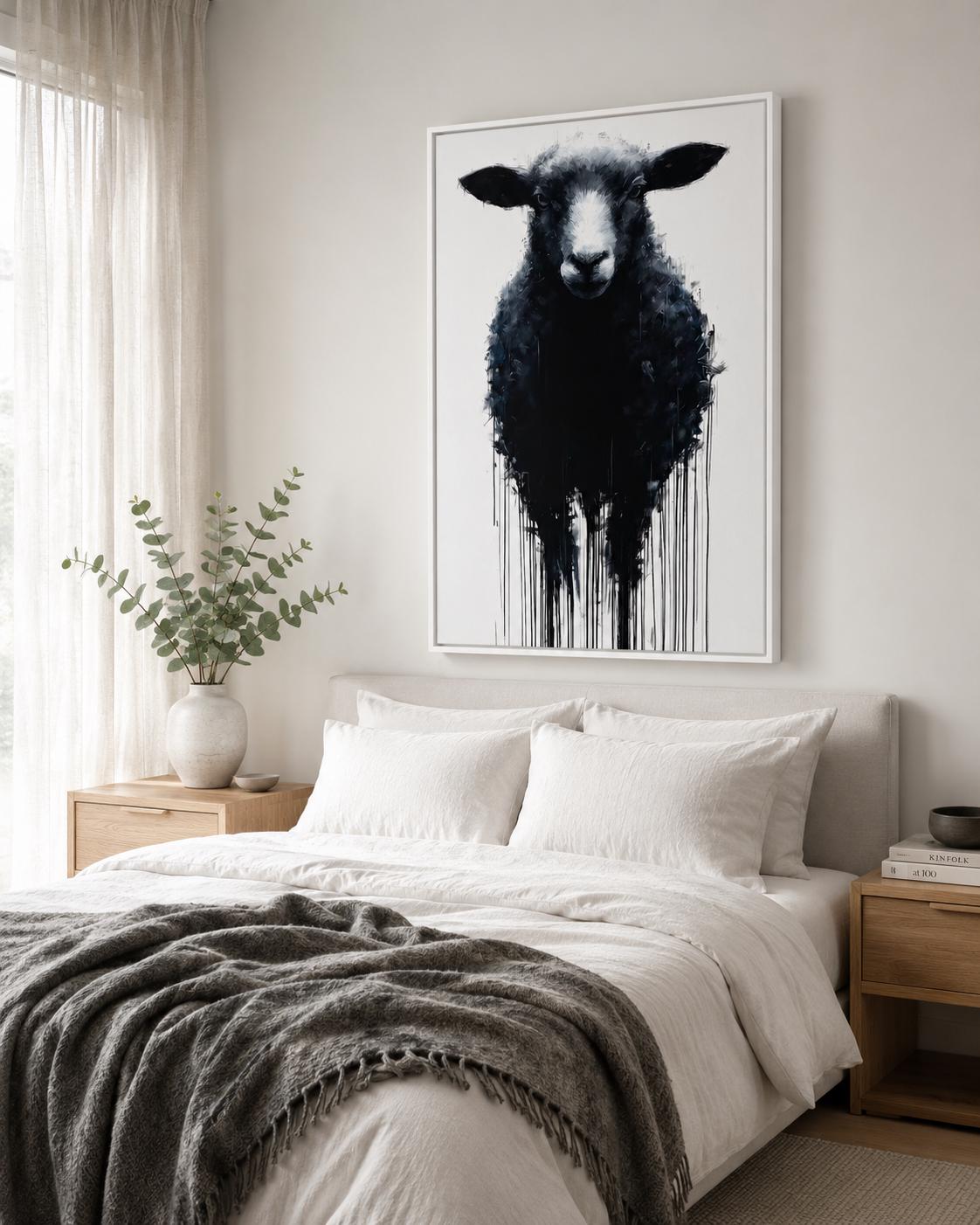 Sheep portrait artwork displayed in a bright industrial-style room