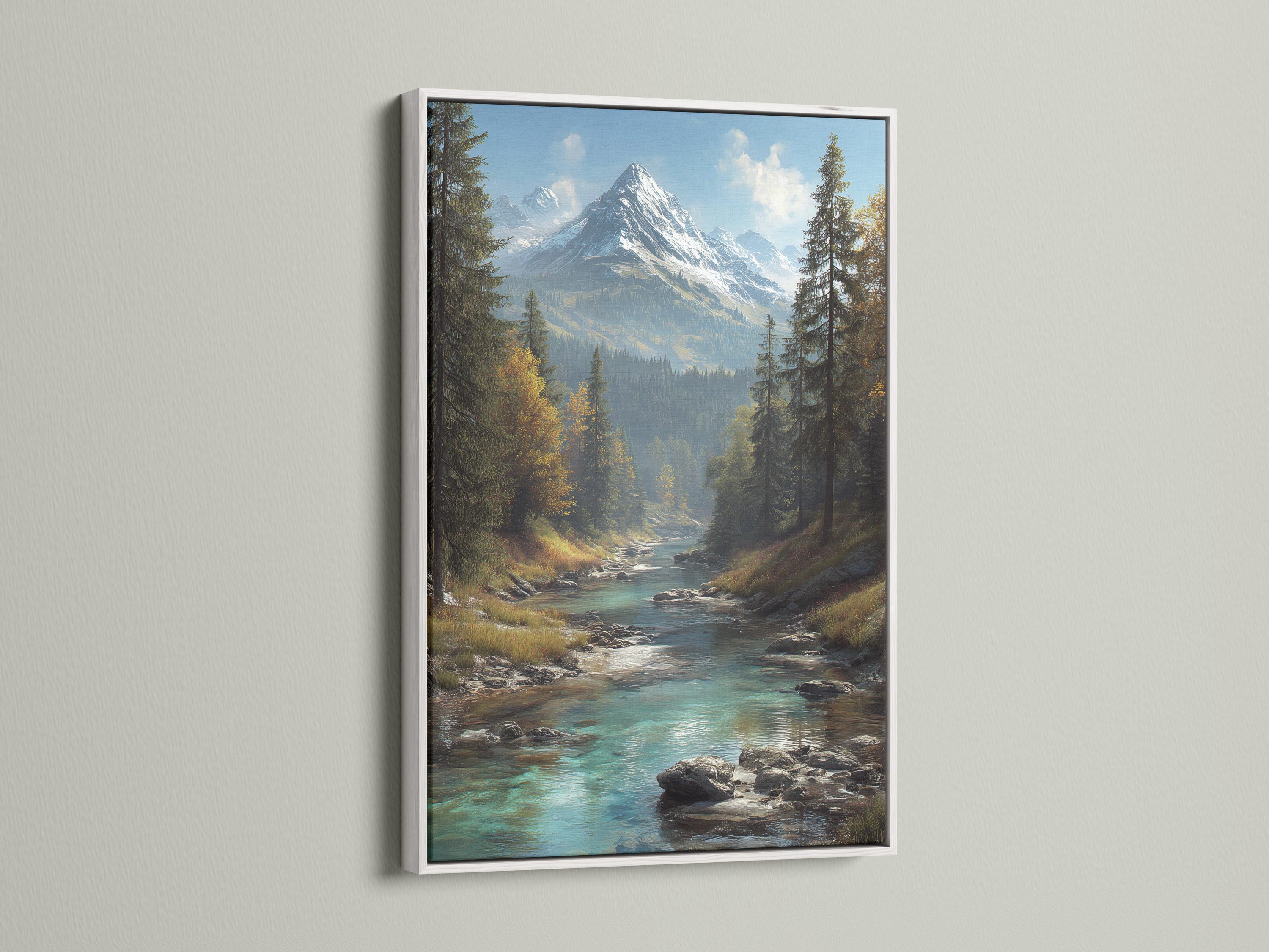 Teal mountain river landscape with evergreen forest, golden foliage and snow-capped peaks detail view