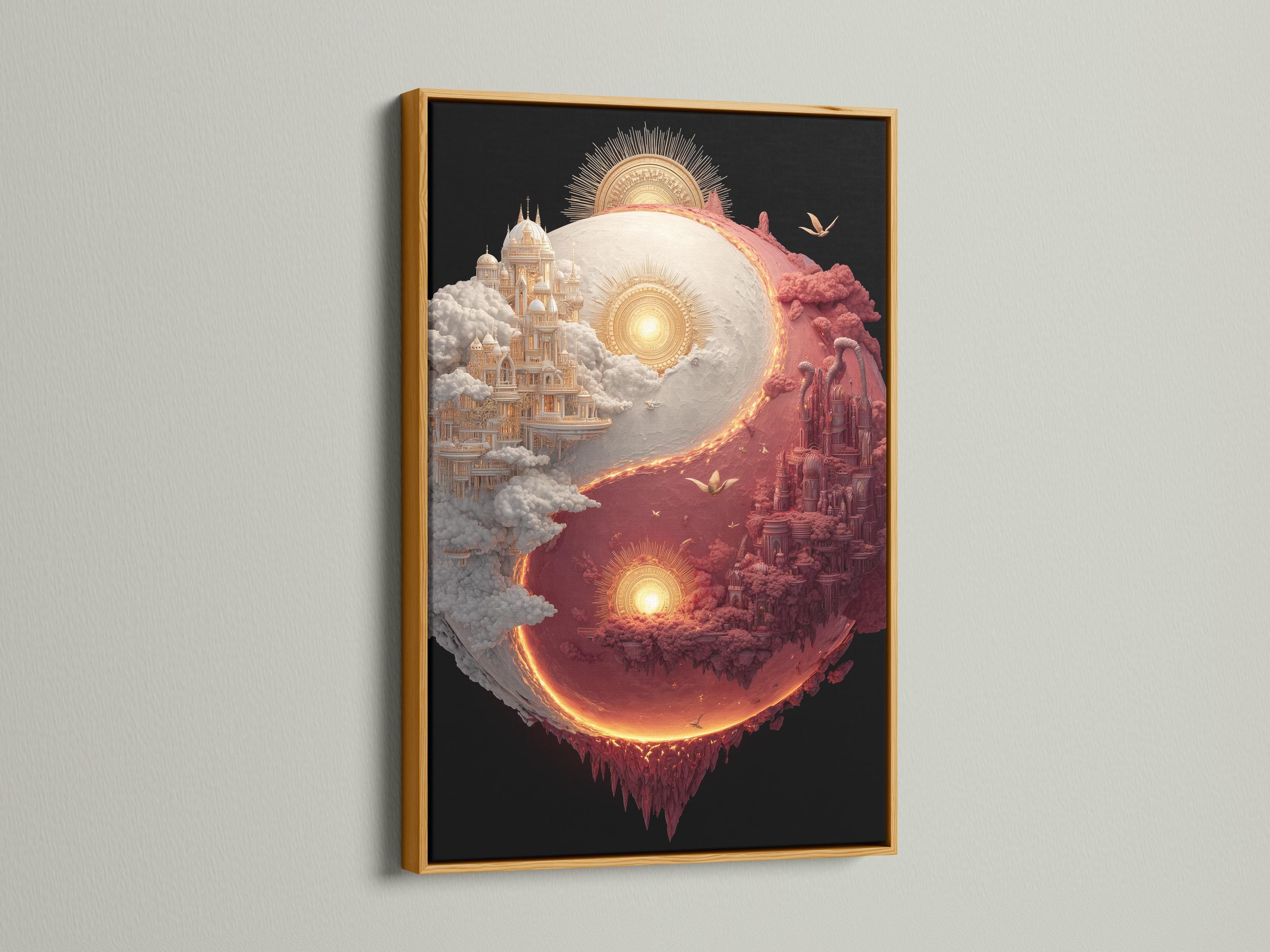 Yin-yang celestial cityscape with coral and ivory clouds, glowing orbs, and birds in flight detail view