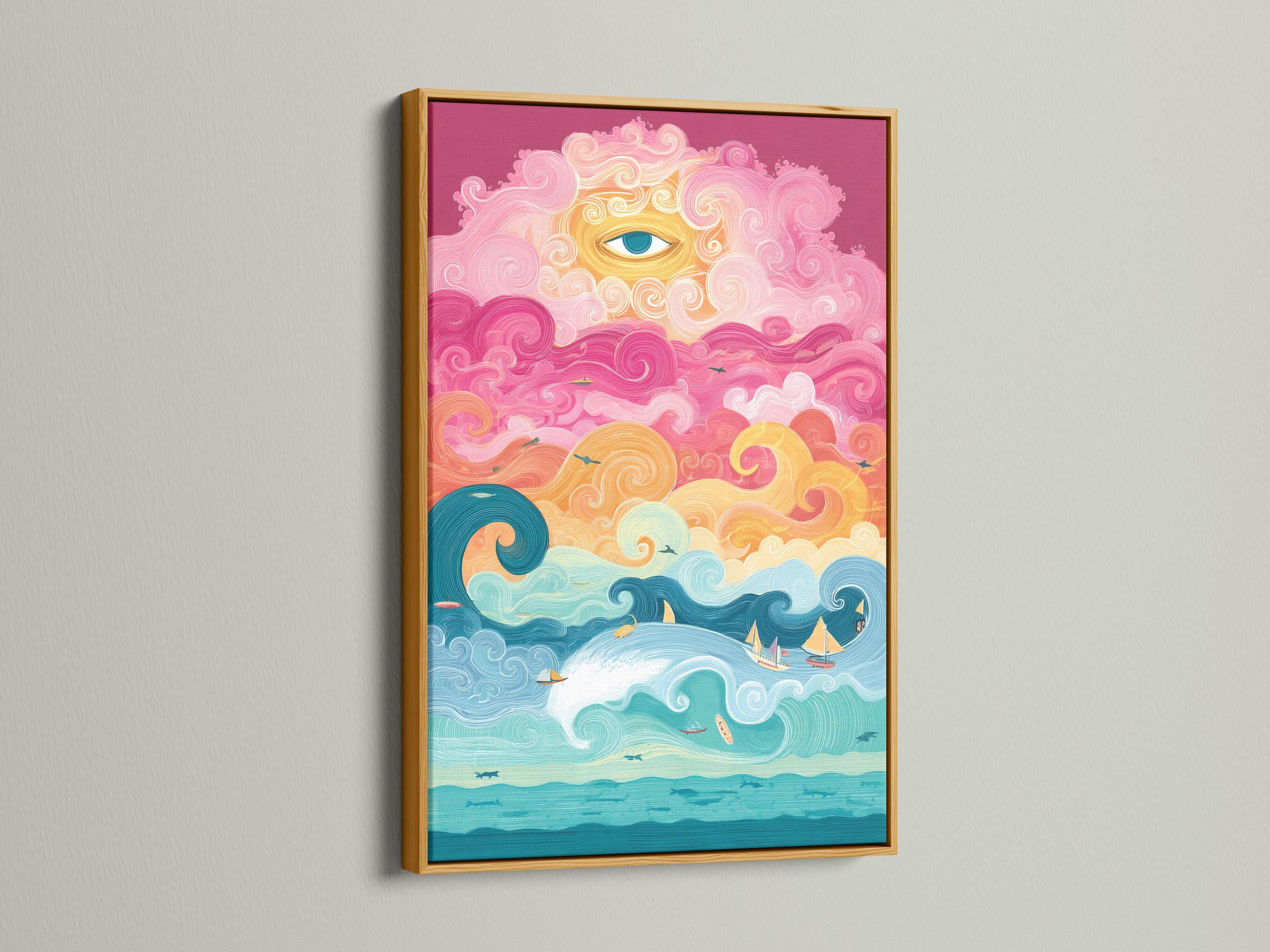Colourful ocean scene with an eye in the sky, swirling clouds, waves, sailboats and fish detail view