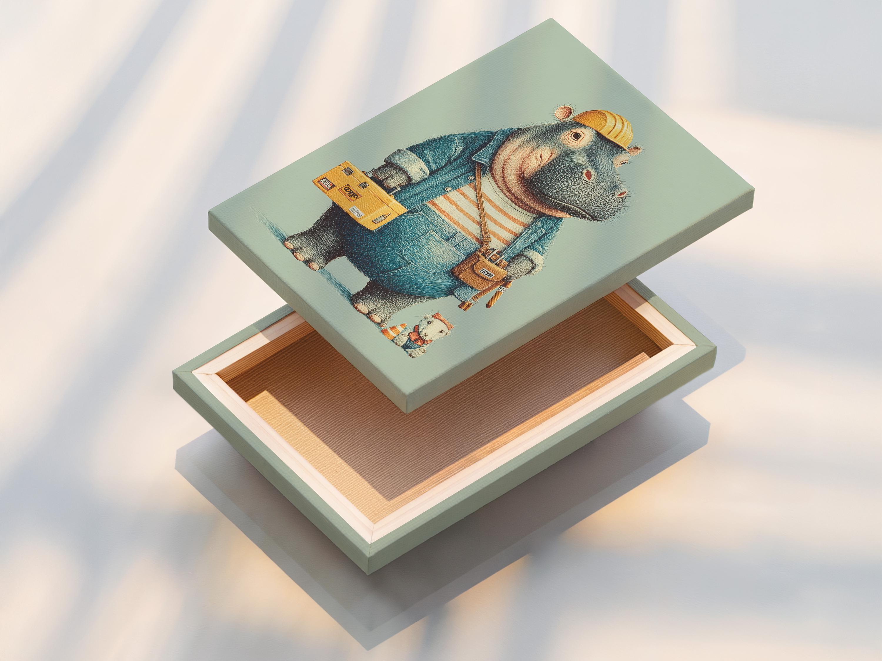 A family sitting on a bed looking at a framed hippo builder artwork above a shelf